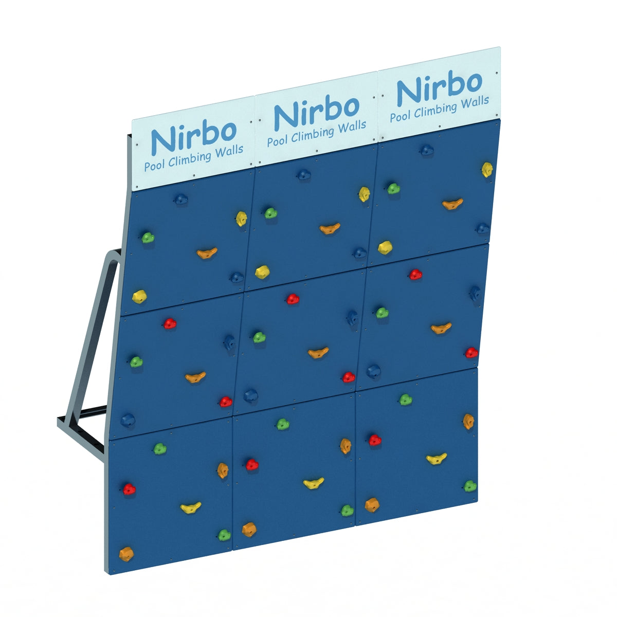 Blue pool climbing wall with colorful handholds and sturdy metal support frame