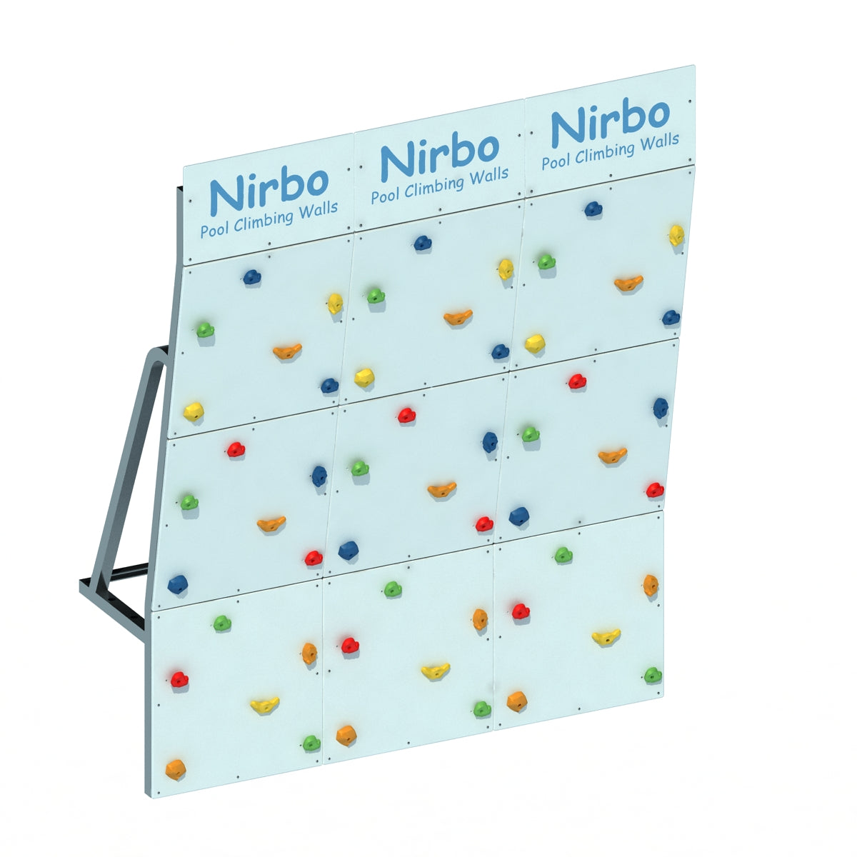 Triple-panel pool climbing wall with colorful holds and sturdy stainless steel frame for indoor or outdoor use
