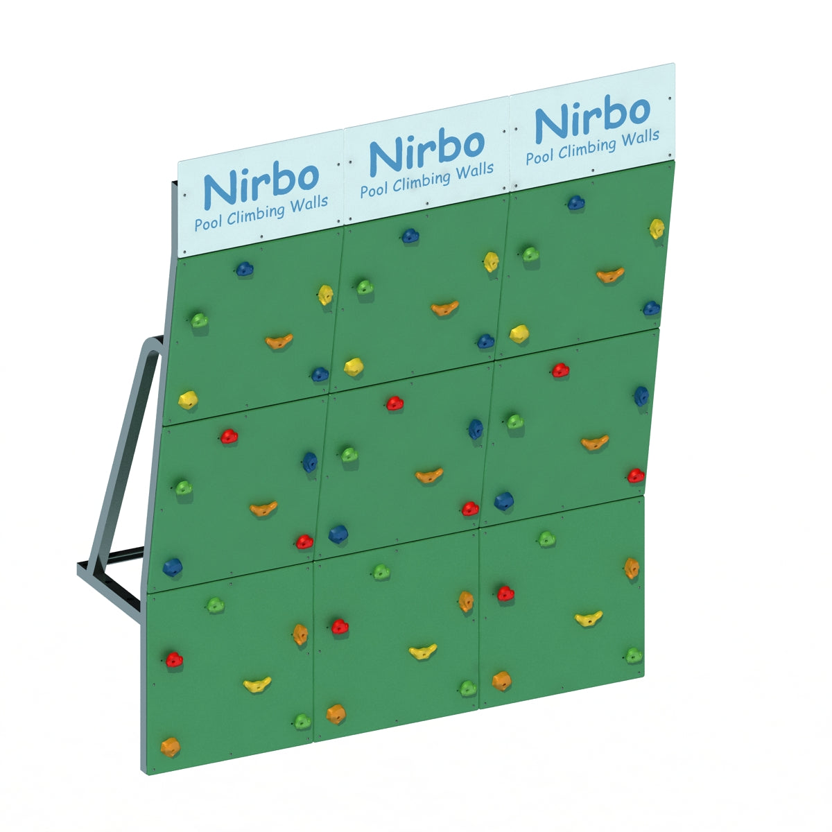 Green triple straight pool climbing wall with colorful handholds and sturdy metal frame for indoor or outdoor use