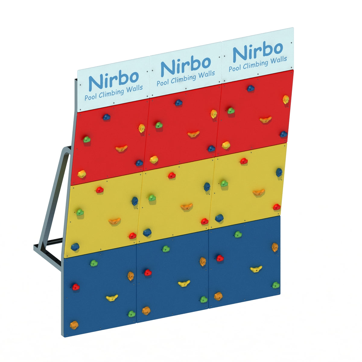 Triple-panel pool climbing wall with red, yellow, and blue sections and multicolored climbing holds