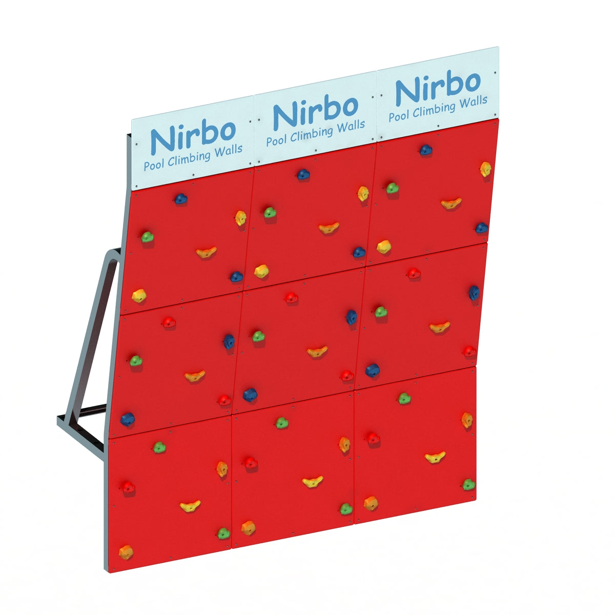 Red triple straight pool climbing wall with colorful handholds and sturdy metal frame for indoor or outdoor use