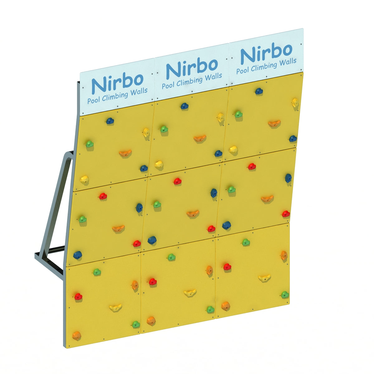 Yellow triple straight pool climbing wall with multicolored holds and sturdy metal frame