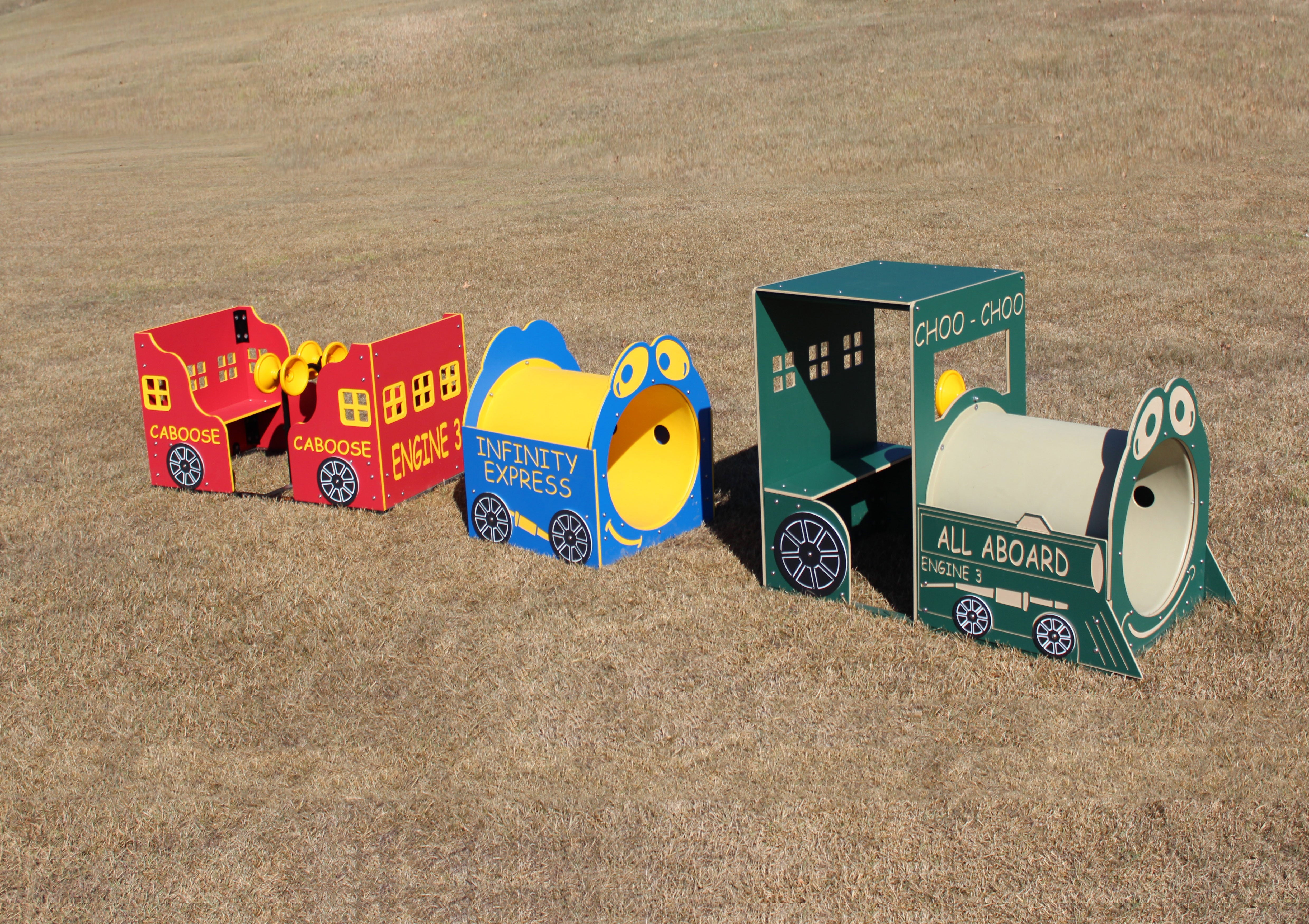 Infinity Express Choo Choo 3 Piece colorful train-themed outdoor playground set with engine, caboose, and tunnel on grass