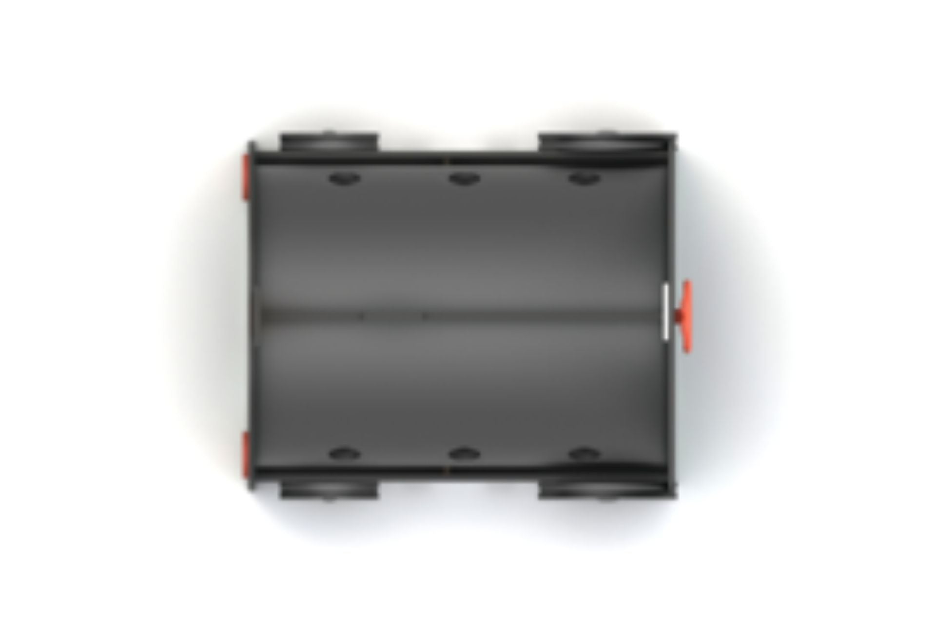 Overhead view of a black and red toy train engine crawl tunnel with black wheels designed for climbing and imaginative play