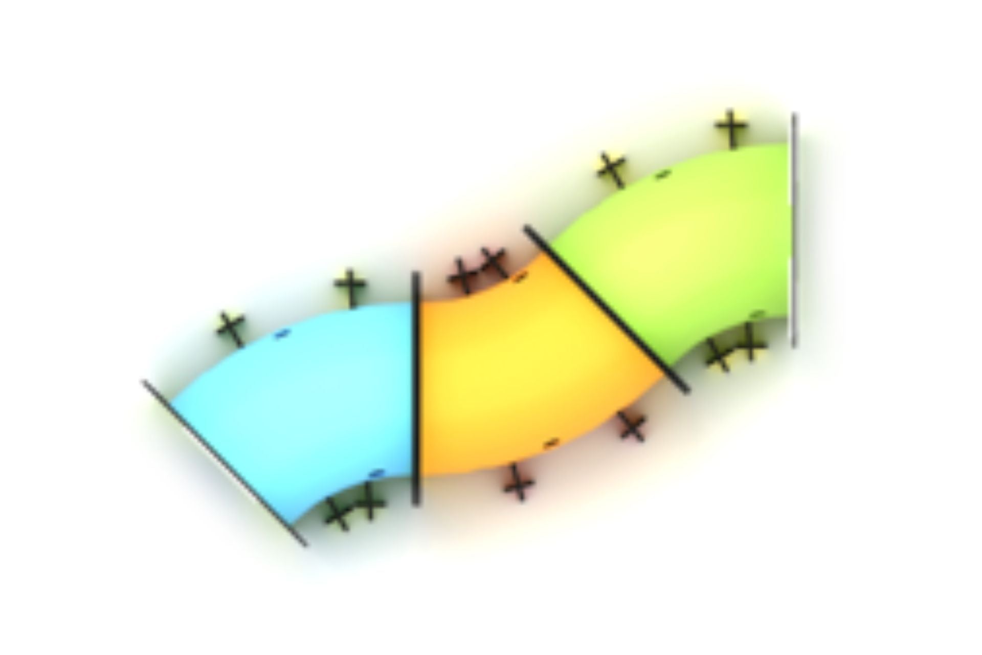 Overhead view of a colorful segmented caterpillar crawl tunnel with blue, yellow, and green curved sections connected by black joints