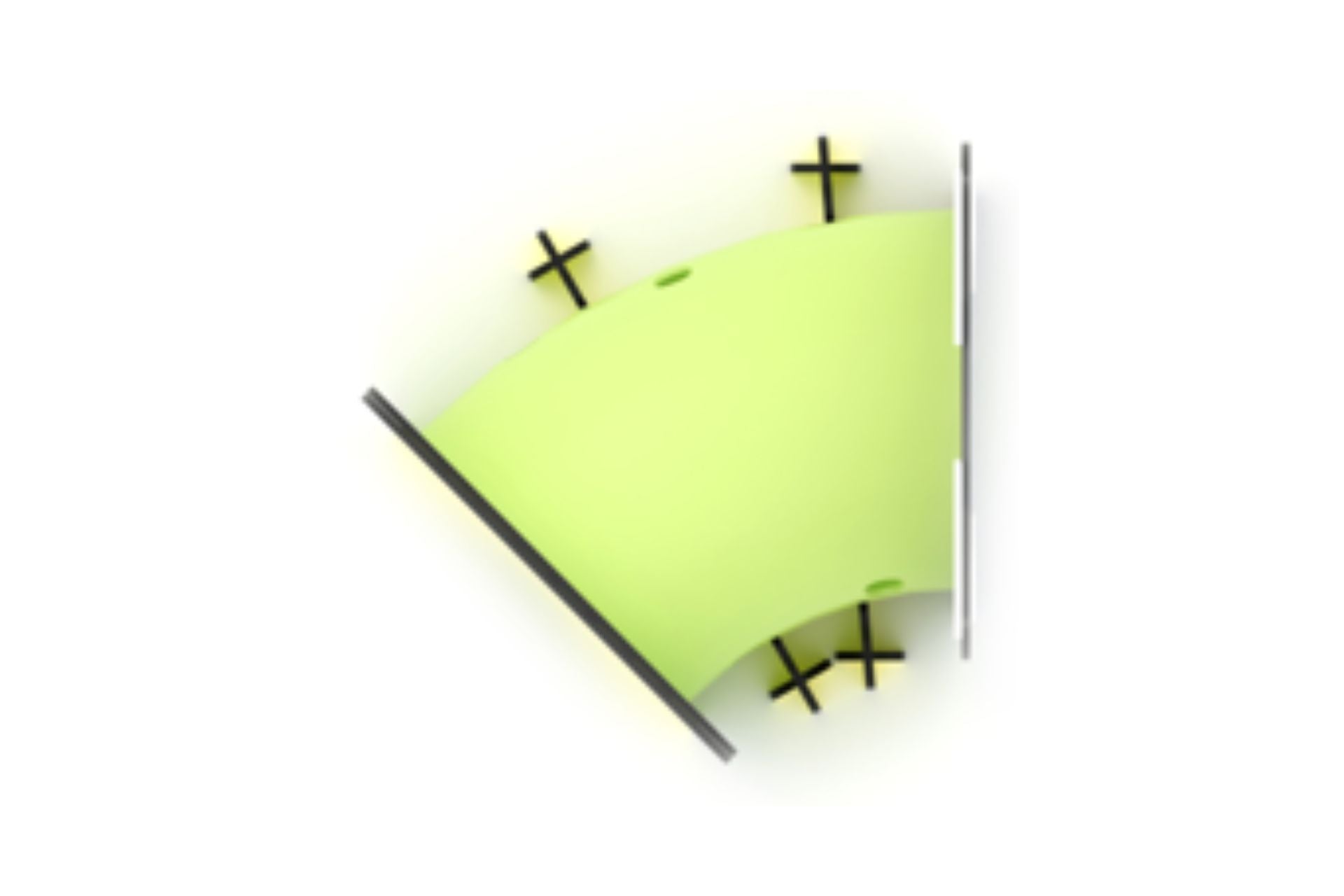 Overhead view of a curved lime green children's crawl tunnel with black cross-shaped connectors