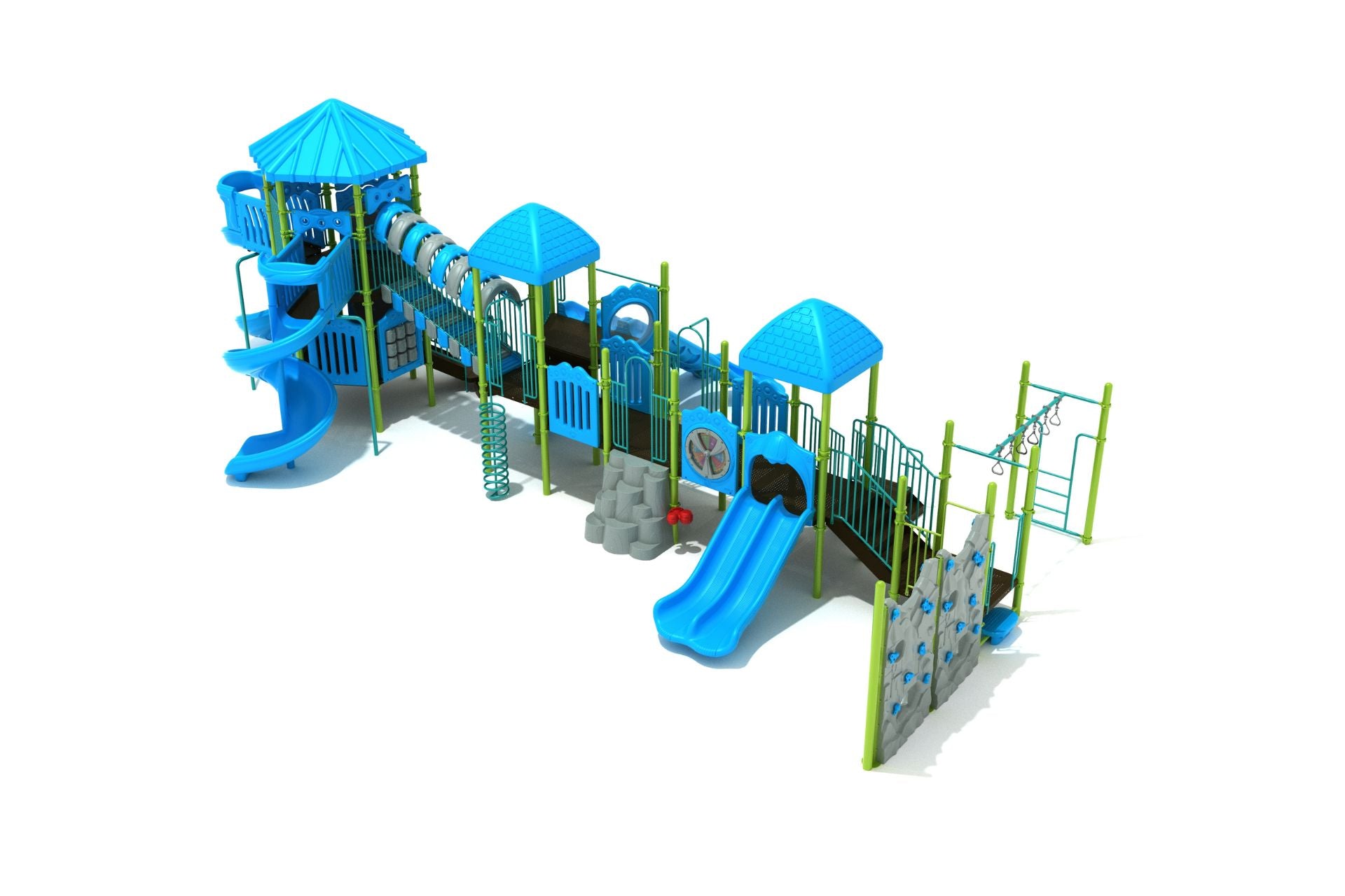 Large linear playground structure with blue slides, climbing walls, spiral tube slide, and multiple roofed platforms