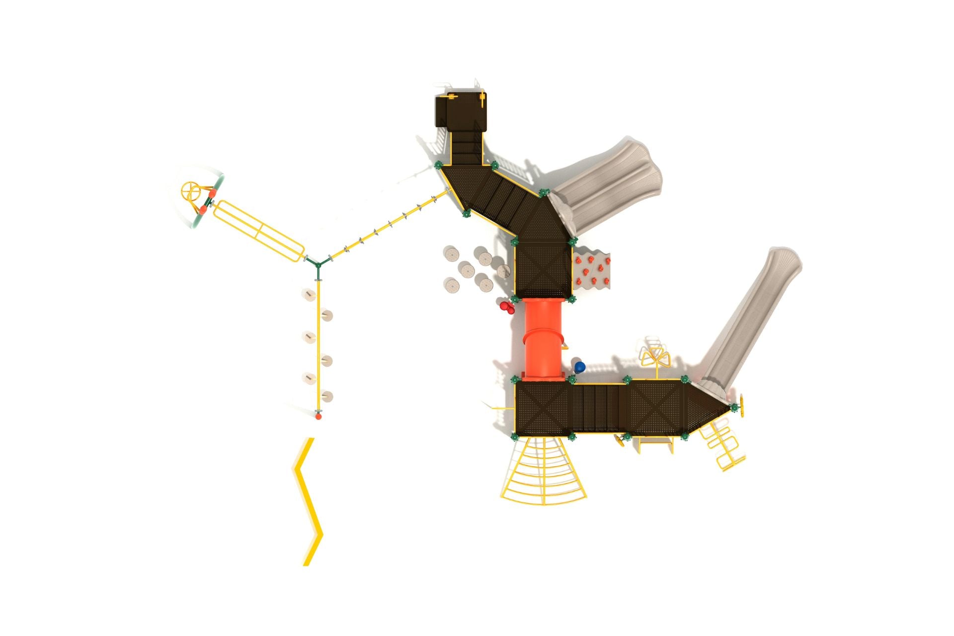 Overhead view of a large playground structure with slides, climbing walls, tube bridge, and various climbing and swinging elements in brown, yellow, and red