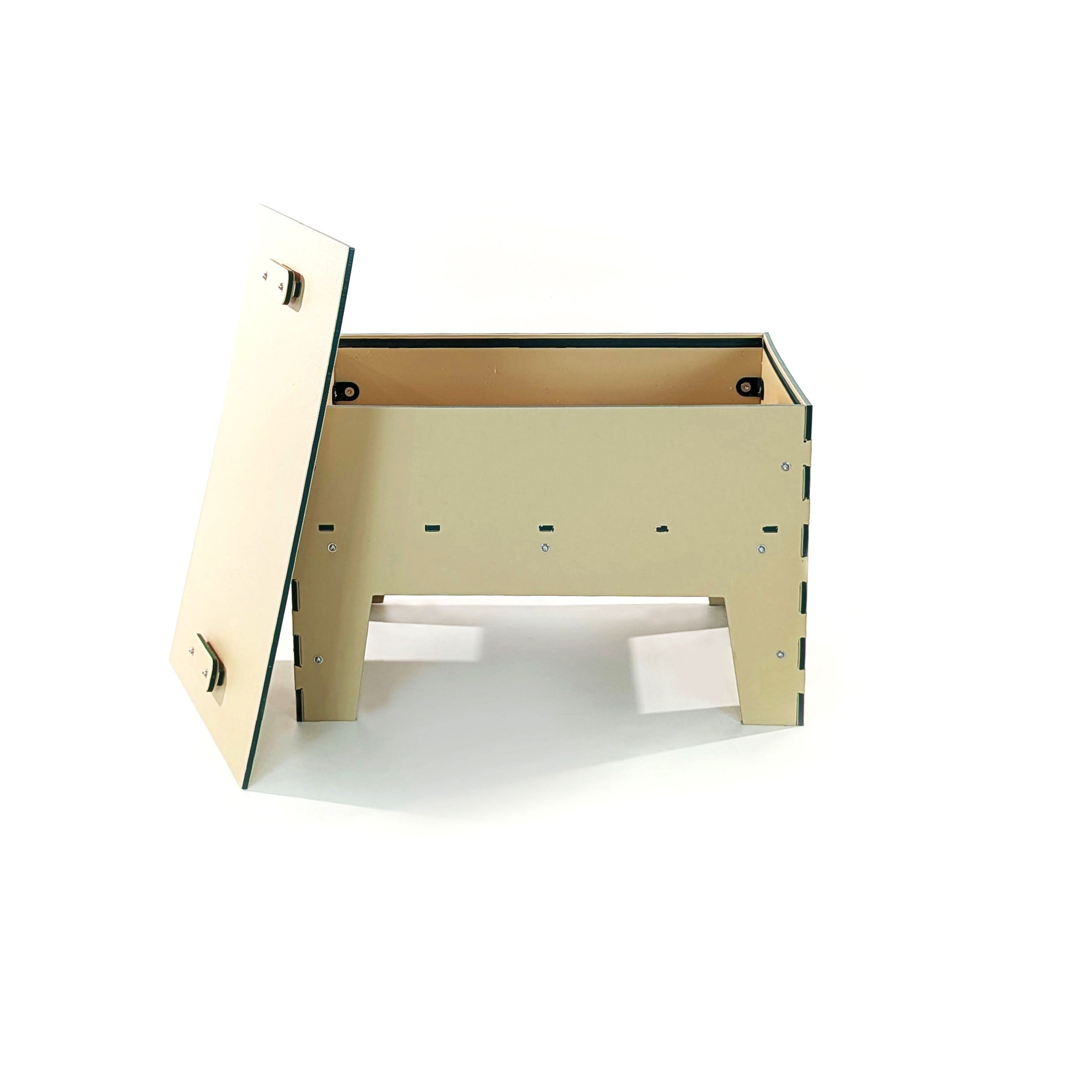 Beige elevated sandbox with removable lid, made of durable HDPE panels, shown from an angled view.