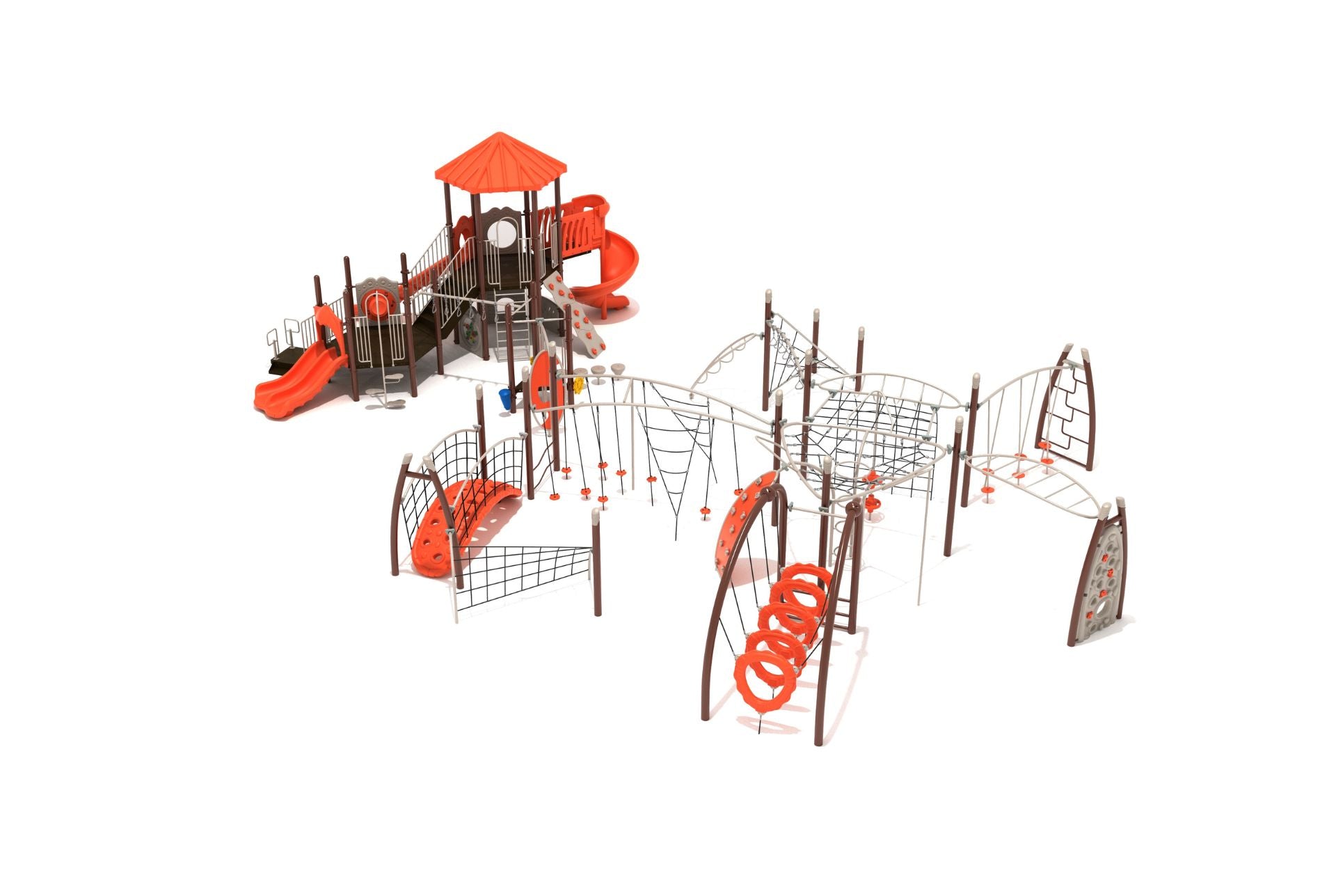 Large playground structure with red spiral slide, climbing nets, overhead rings, and multiple activity panels for active play and fitness.