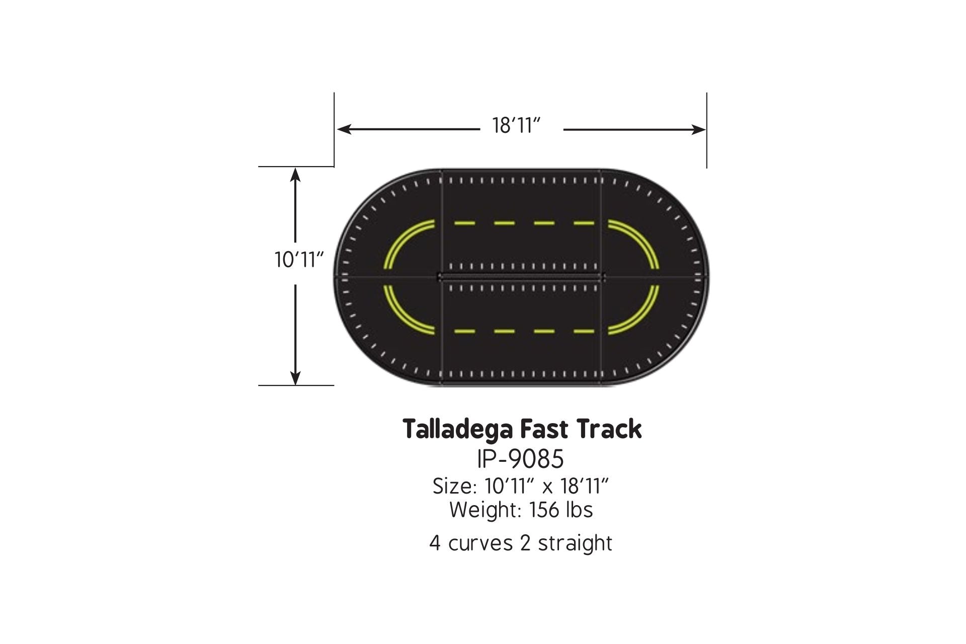 Oval-shaped black trike path with yellow lane markings, featuring four curves and two straight sections, designed for accessible active play.