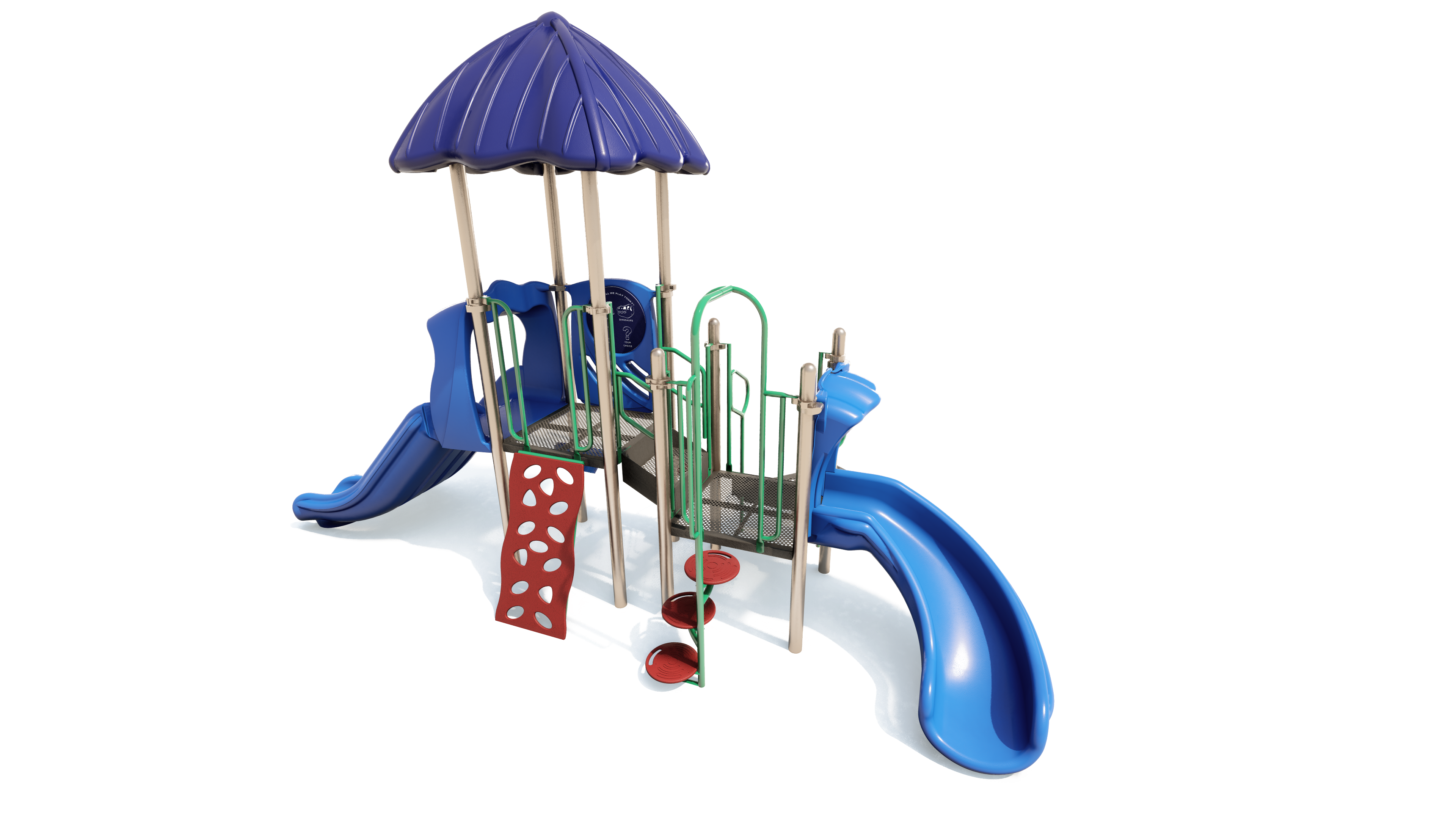 Compact playground with two blue slides, purple roof, red climbing wall, and green spiral step climbers.