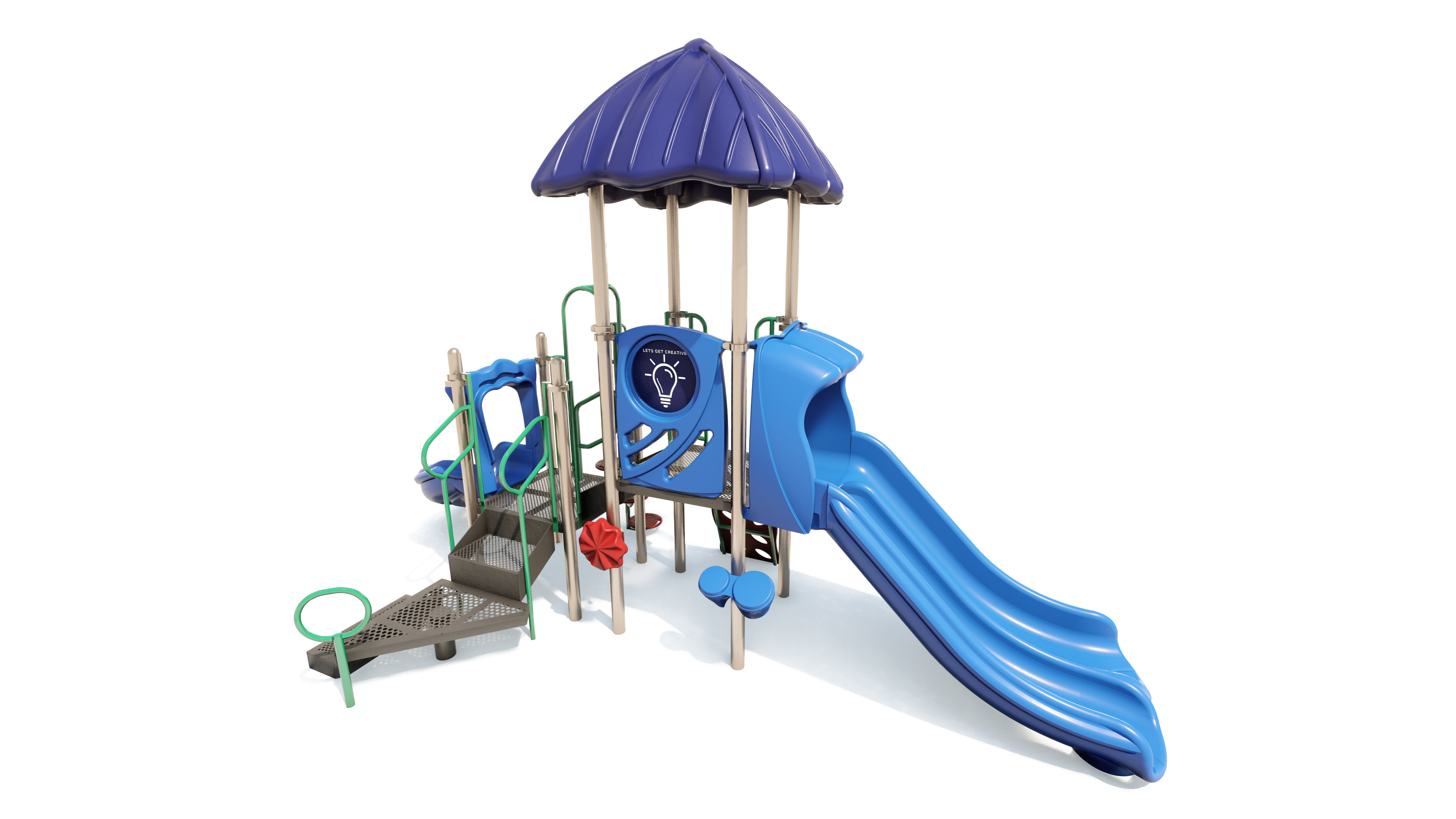 Compact playground with dual blue slides, blue roof, climbing steps, and interactive sensory panels