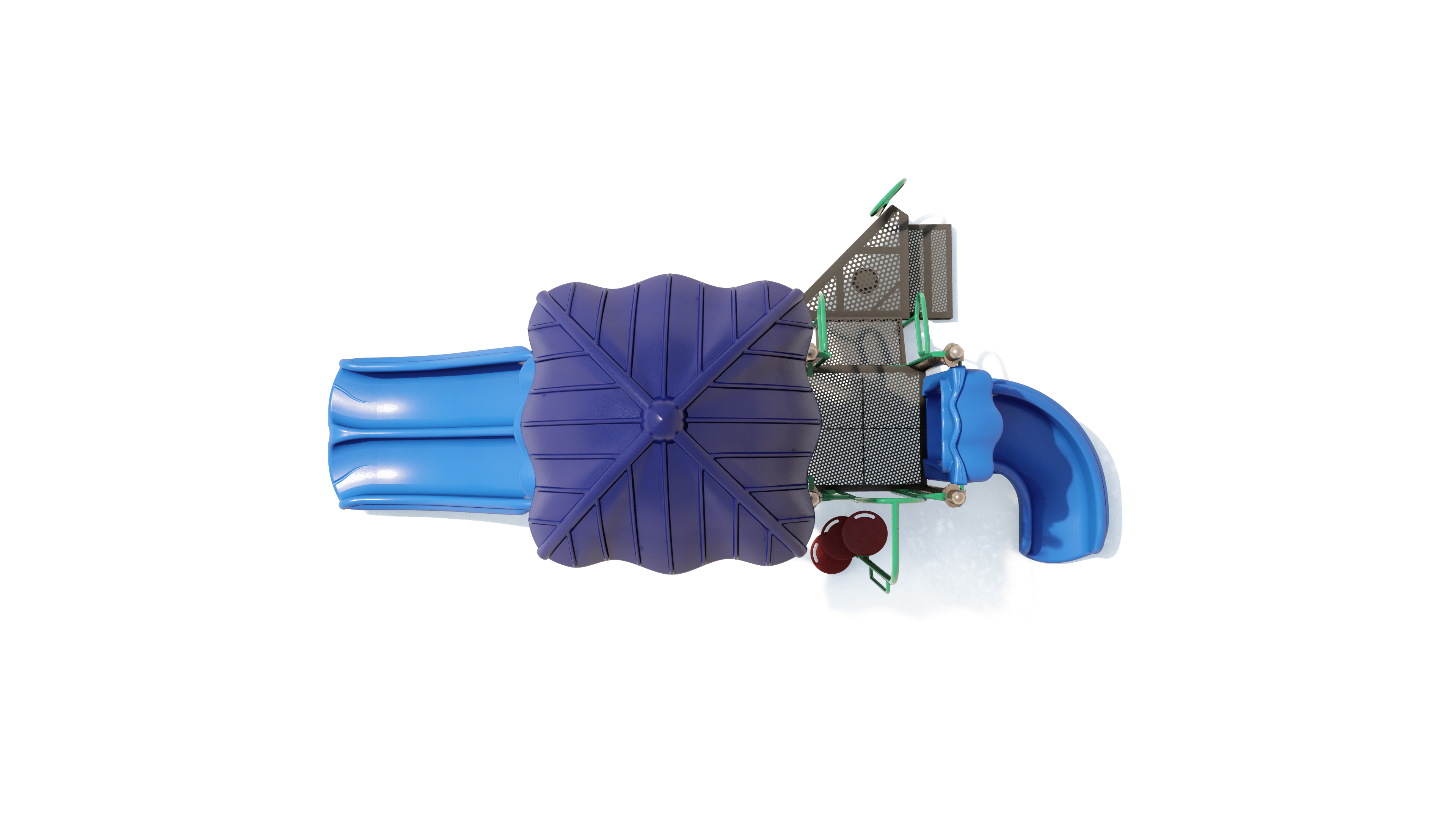 Overhead view of compact playground with two blue slides, purple canopy, climbing structures, and sensory play panels