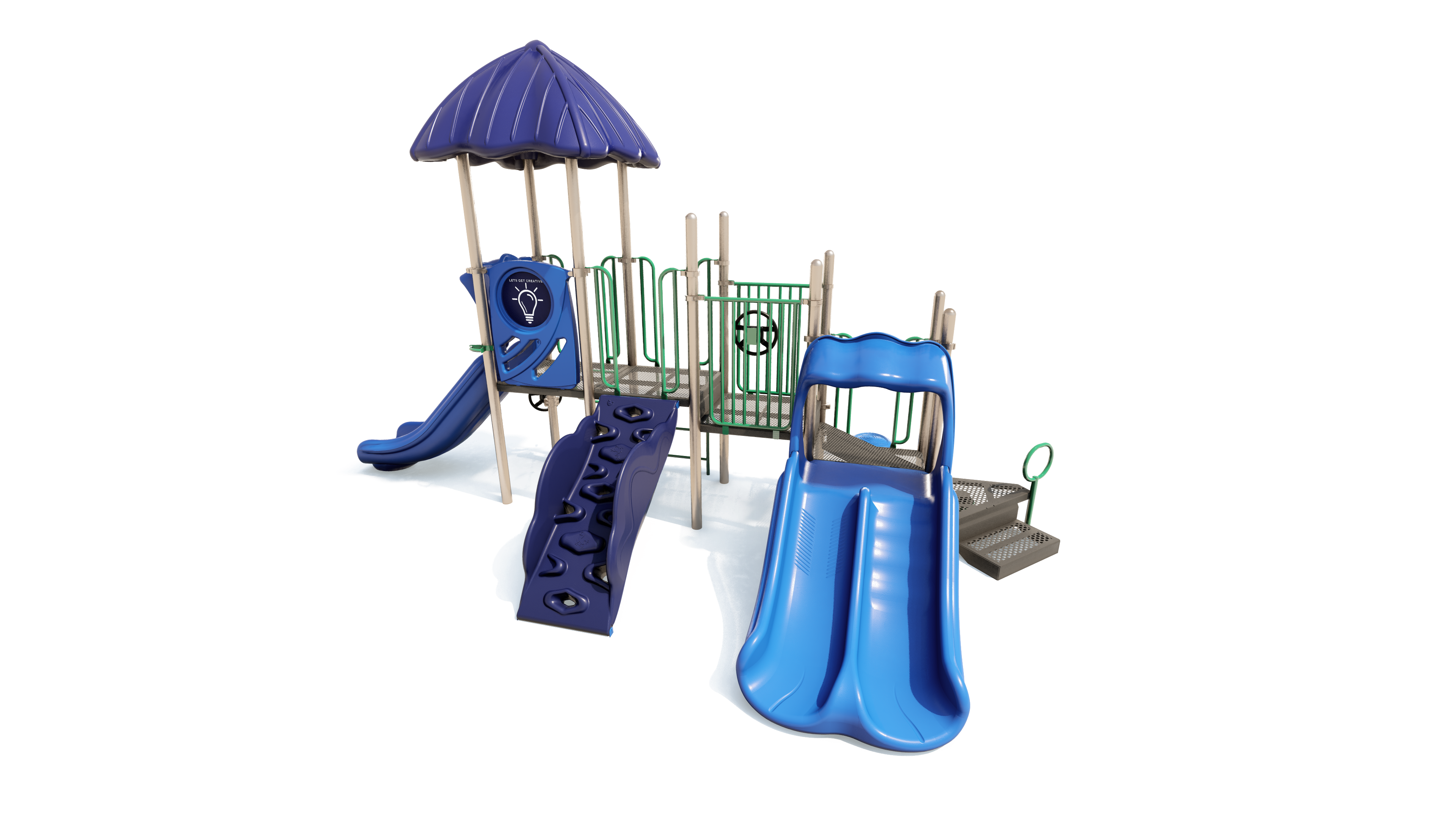 Colorful playground structure with dual blue slides, climbing wall, green railings, and blue canopy roof