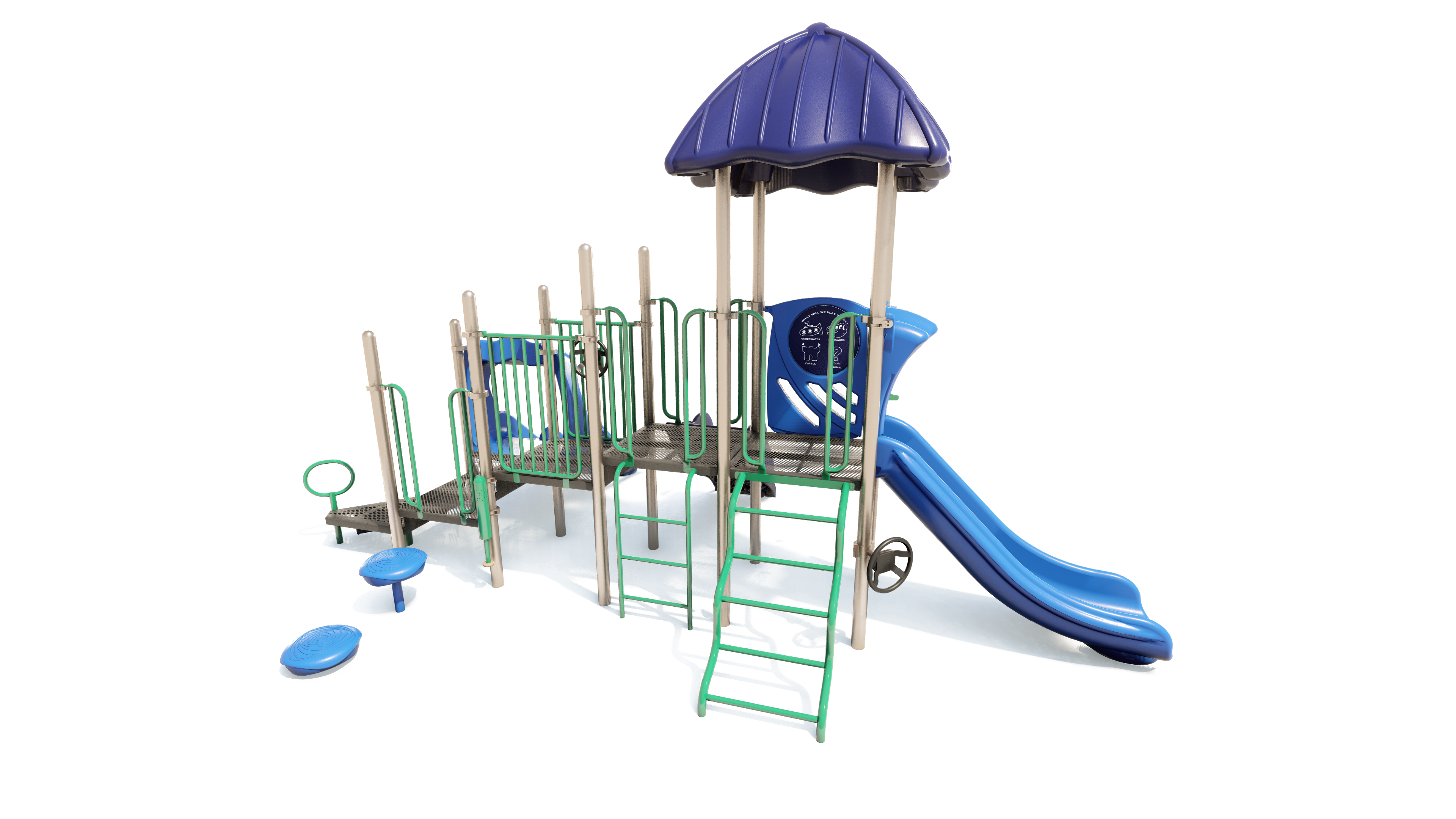 Outdoor playground with blue slides, green climbing ladders, shaded roof, and interactive play panels