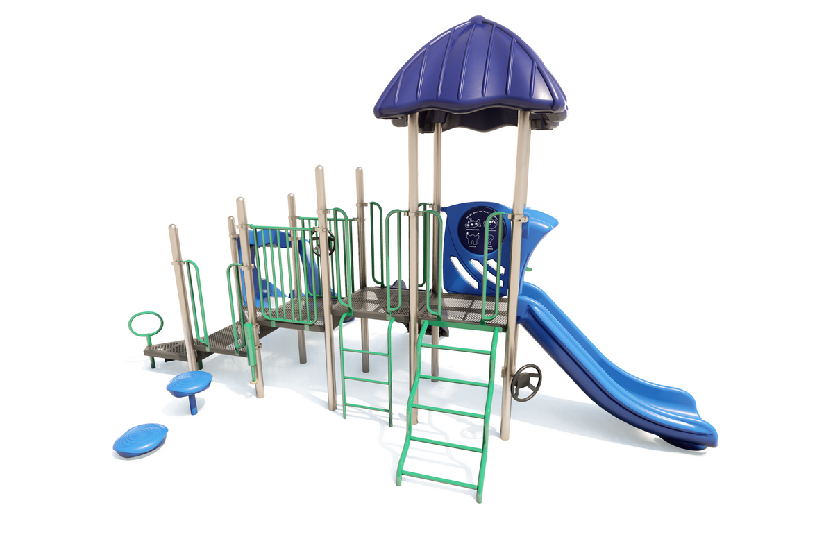 Outdoor playground with blue slides, green climbing ladders, shaded roof, and interactive play panels
