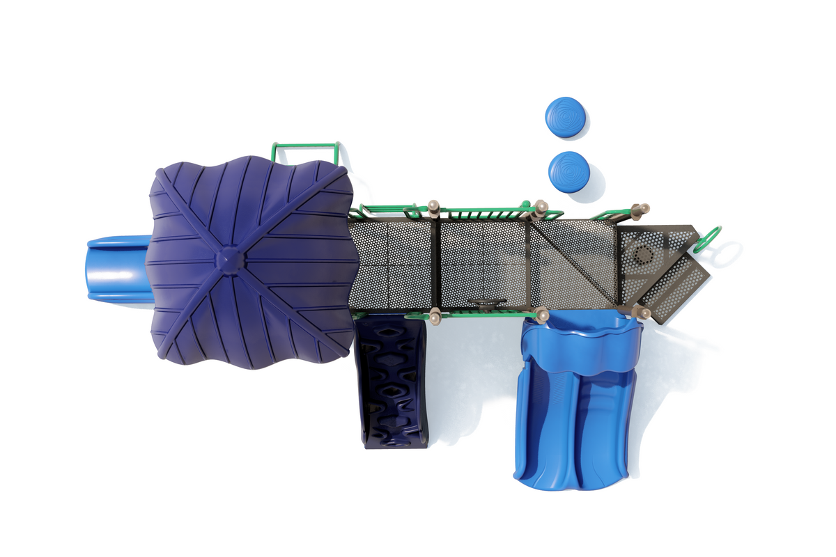Overhead view of a colorful playground structure with slides, climbing elements, platforms, and interactive panels