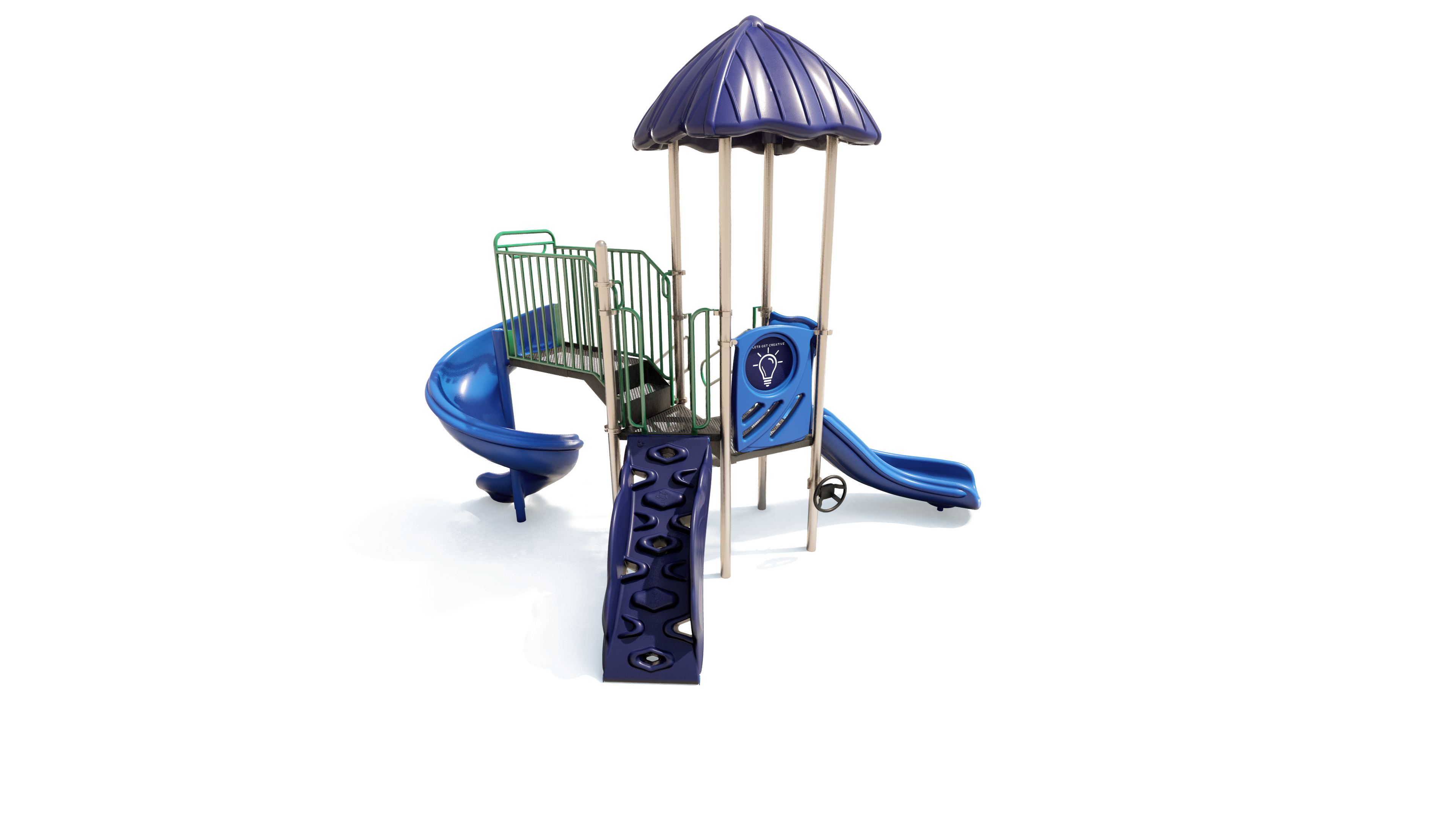Compact blue and green playground structure with roof, slides, climbing wall, and activity panel for children’s outdoor play.