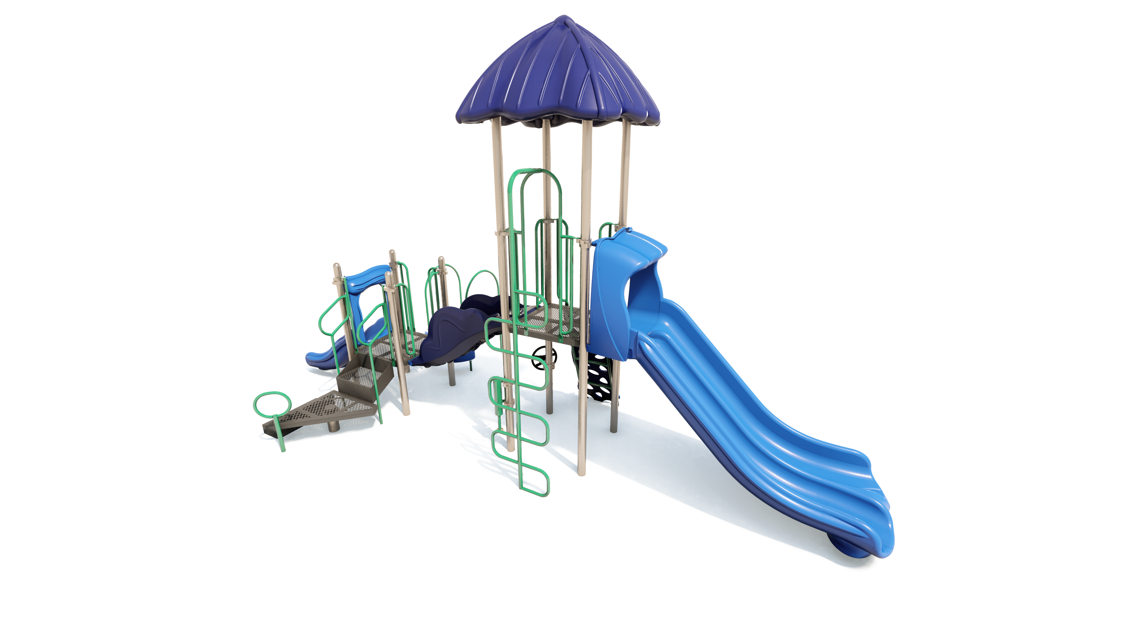 Blue and purple playground structure with double slides, climbing ladder, and shaded roof for active children's play