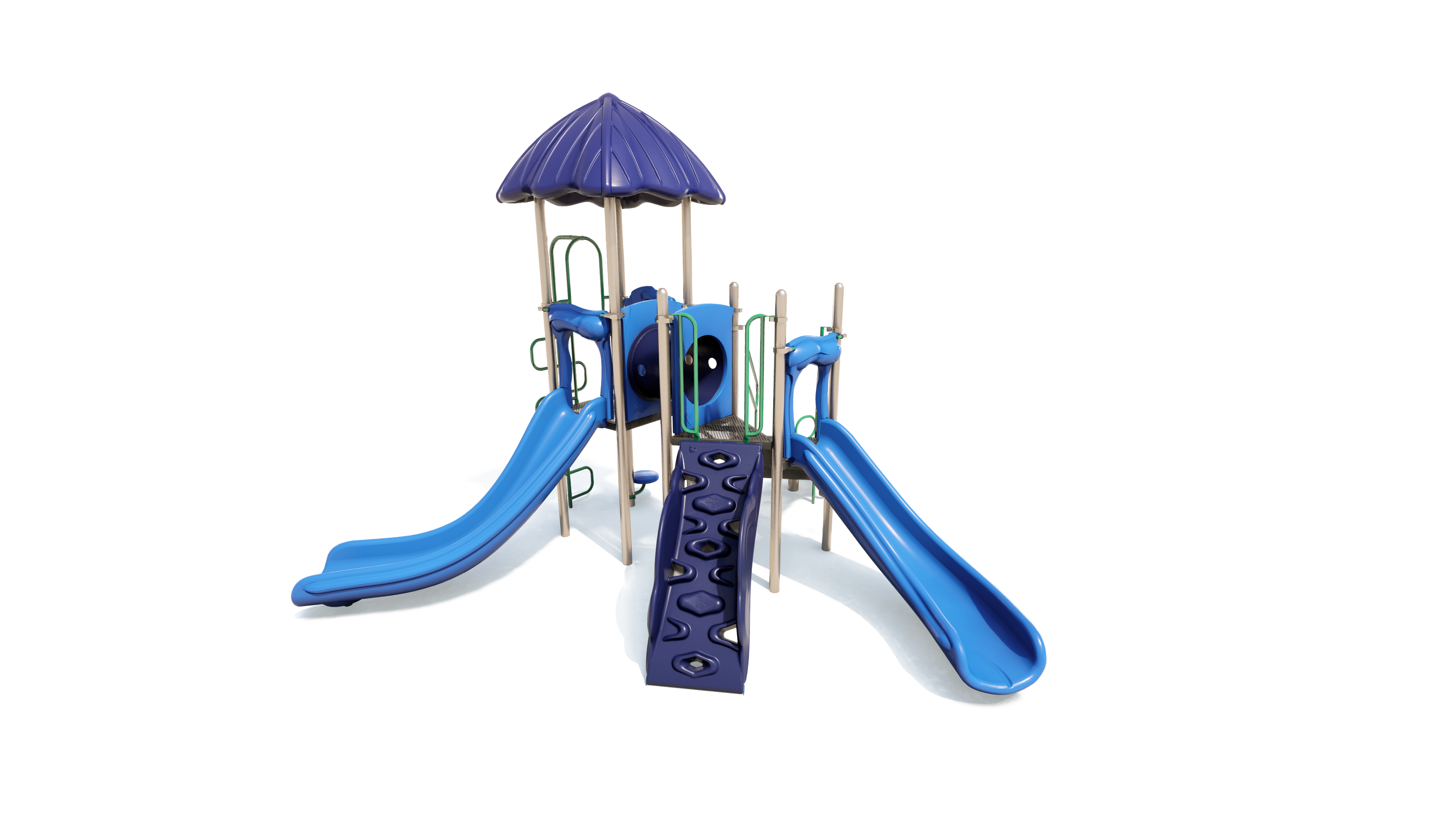 Blue and purple playground structure with slides, climbing wall, tunnel, and roof canopy for active children's play