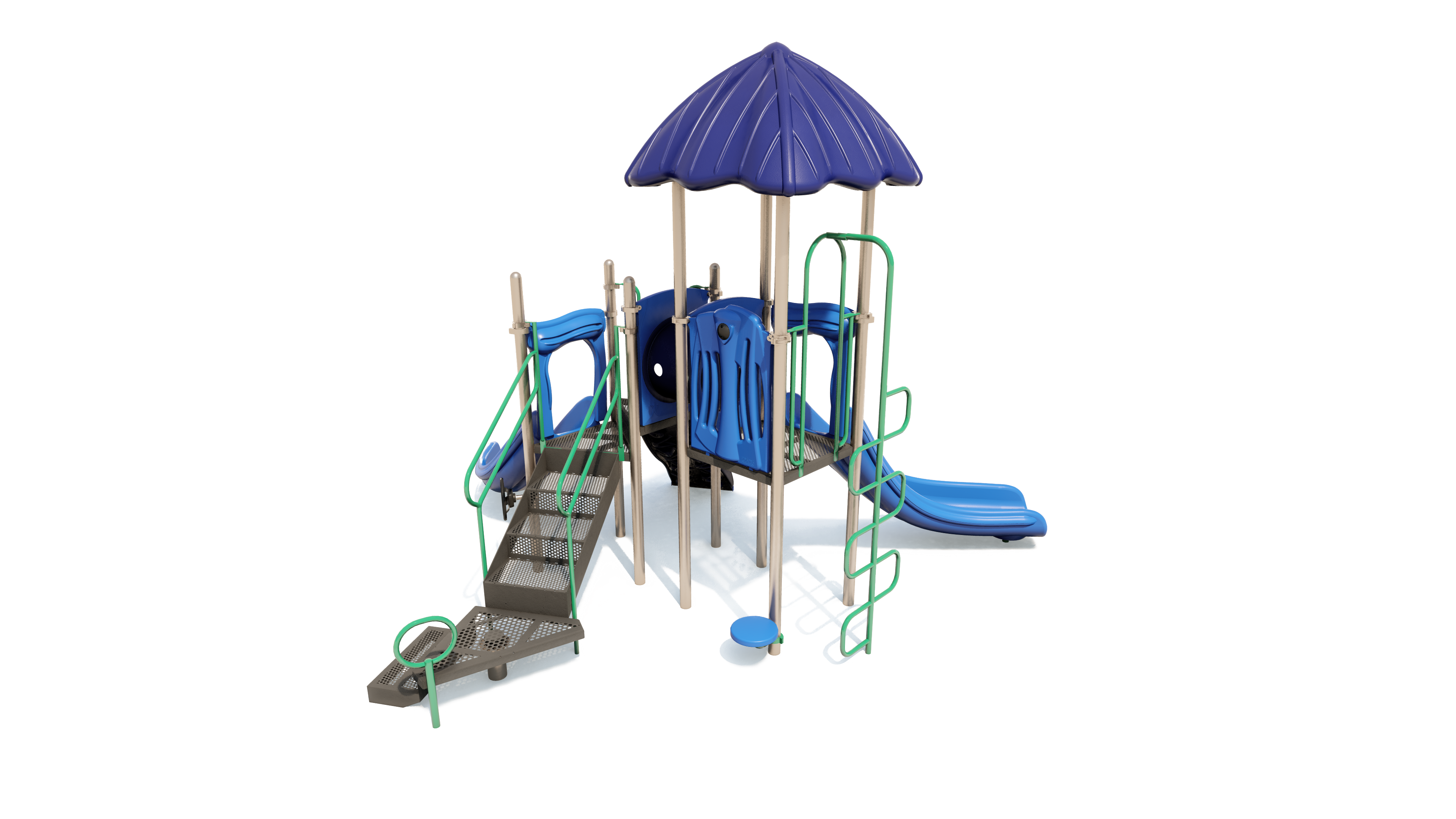 Compact playground structure with blue roof, dual slides, climbing ladder, green handrails, and metal platforms