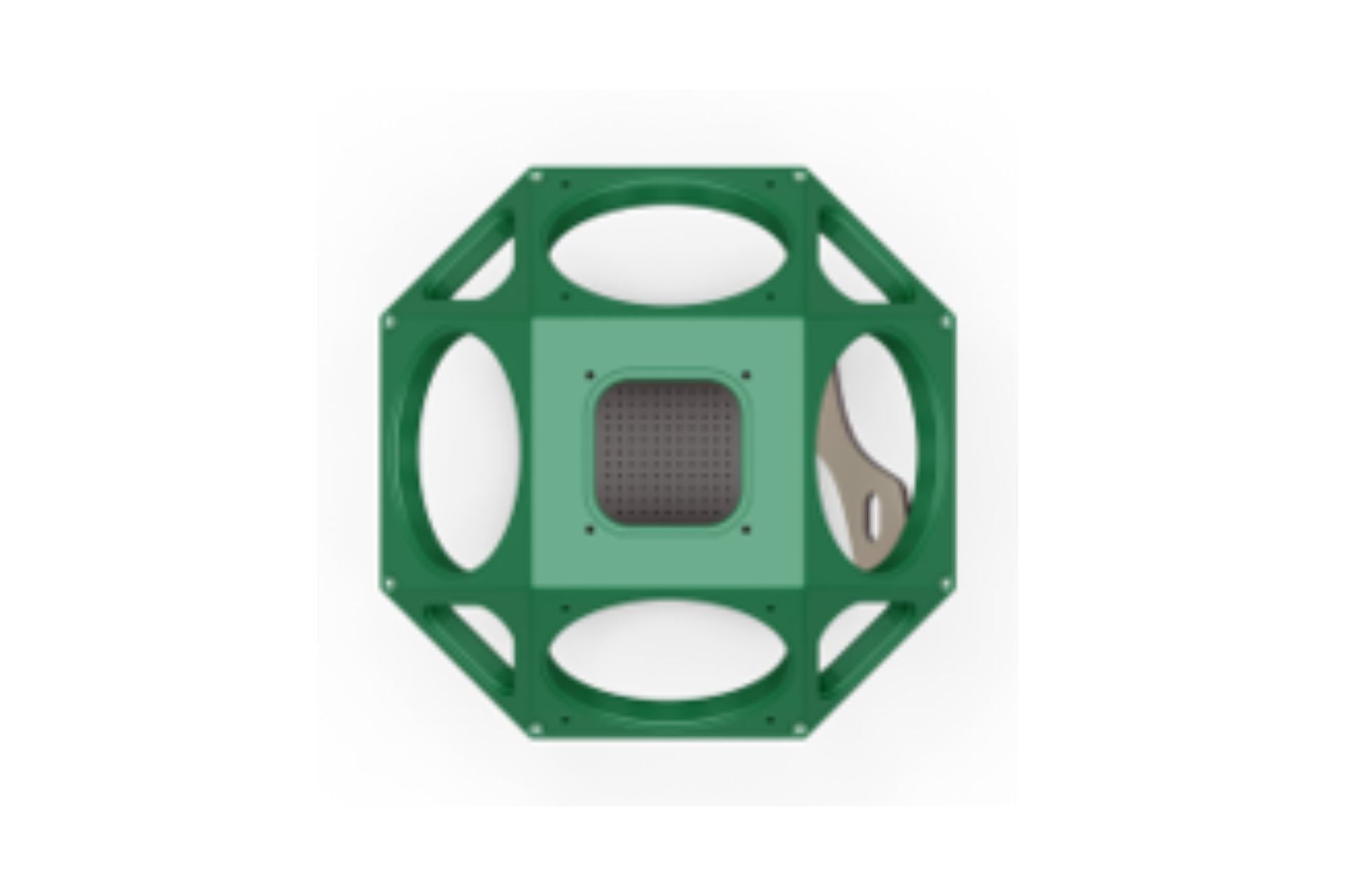 Overhead view of green climbing cube with circular cutouts and textured center panel