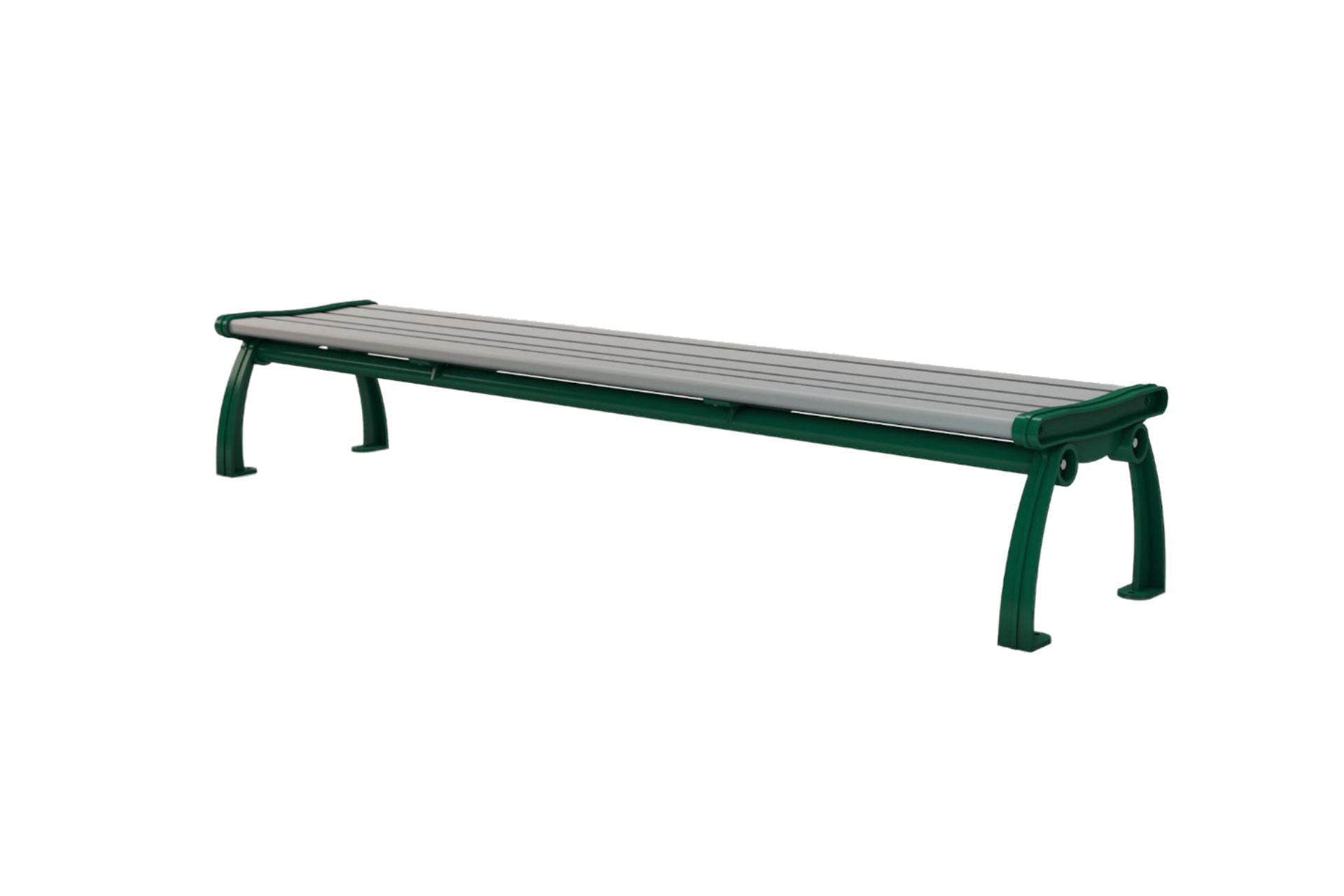 Backless park bench with green powder-coated cast aluminum frame and gray resinwood slats