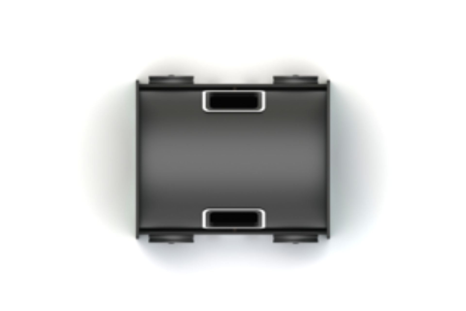 Overhead view of a black rectangular train carriage crawl tunnel with four wheels and two rectangular openings