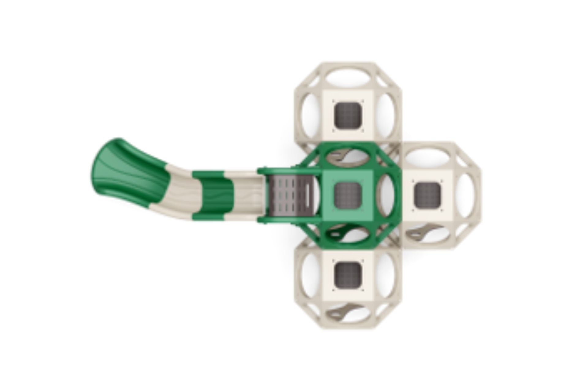 Overhead view of green and tan stackable cube climbing structure with integrated slide for outdoor play