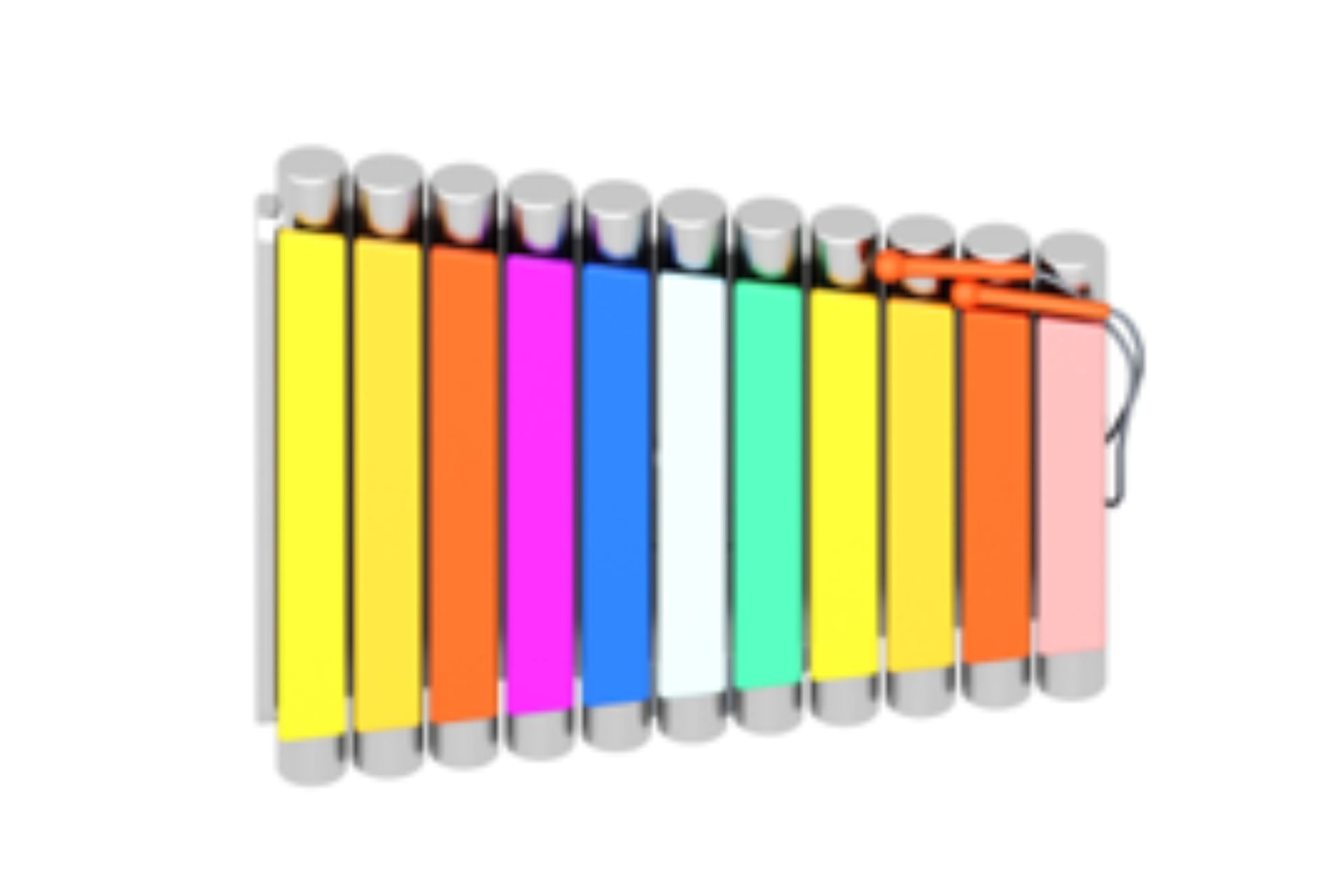 Outdoor playground xylophone with rainbow-colored metal bars and two attached orange mallets