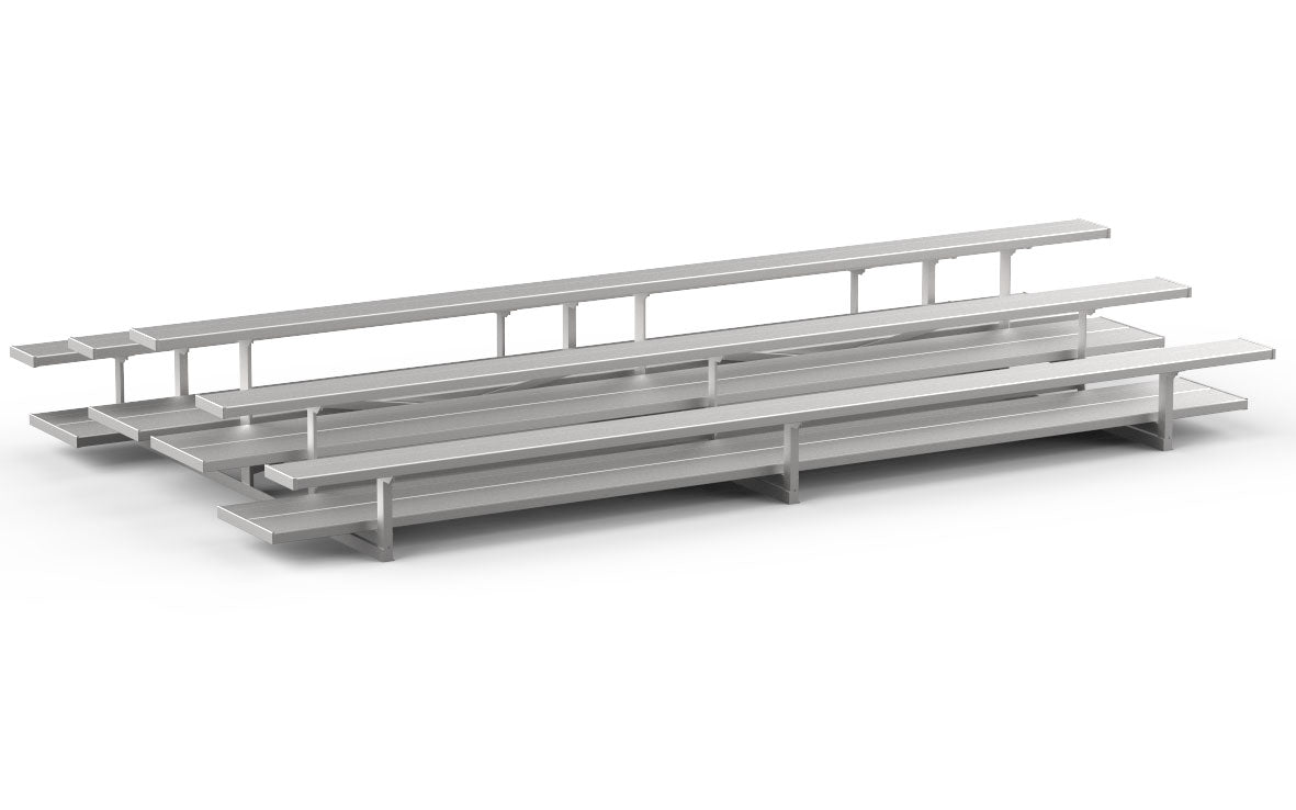 Three-row aluminum tiered back-to-back bleachers with anodized seat planks and mill finish foot planks