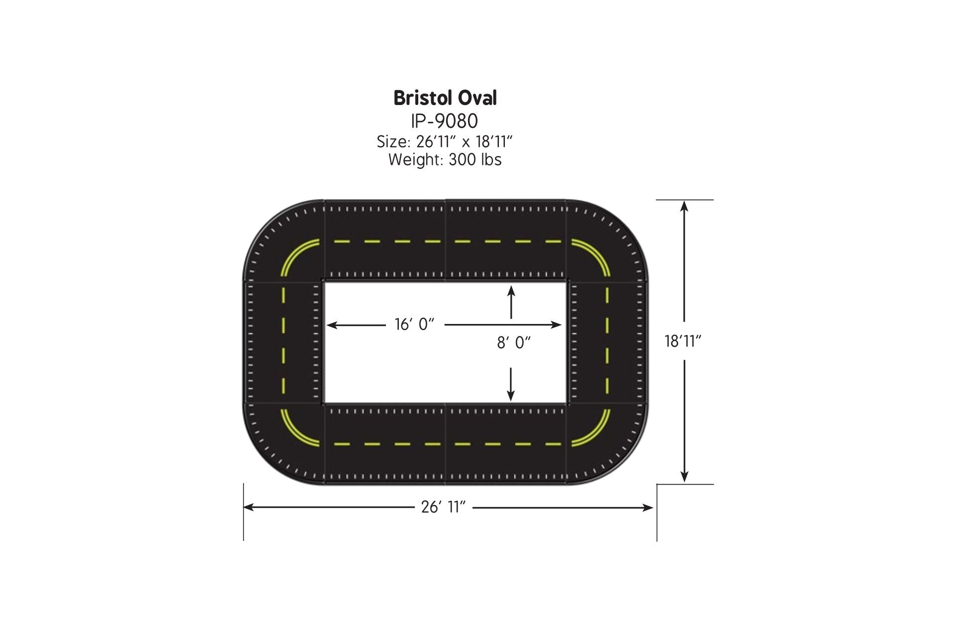 Oval-shaped black trike path with yellow dashed center lines and white edge markings for children's cycling play