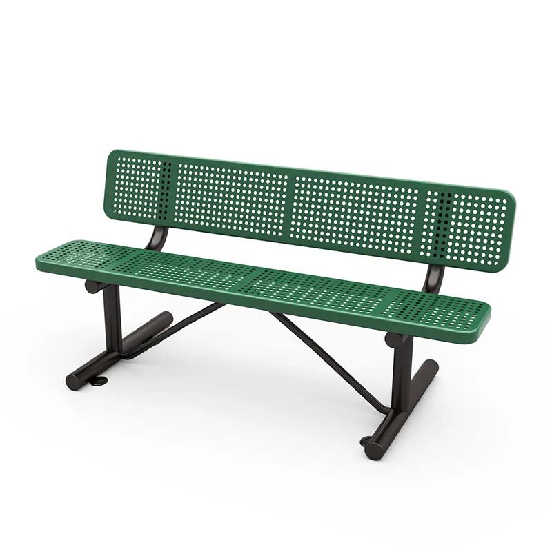 6' Park Bench with Back in green thermoplastic finish and black powder-coated frame, durable outdoor seating for parks and play areas