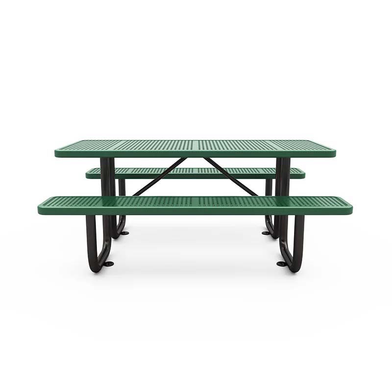 Green heavy-duty rectangular picnic table with black powder-coated legs and attached benches, designed for durable outdoor use