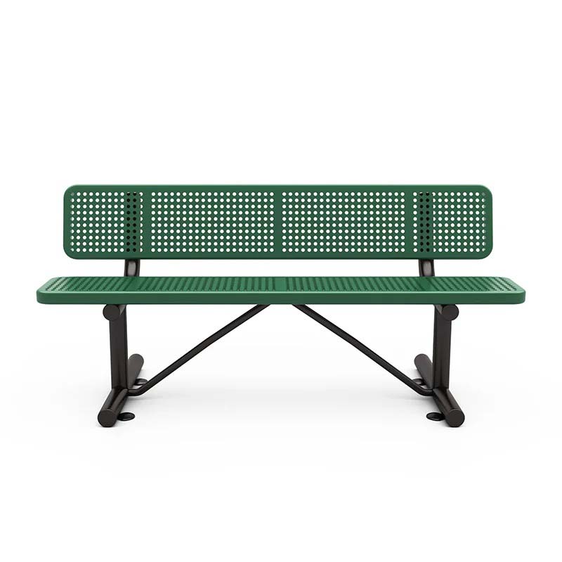 Green outdoor metal park bench with perforated seat and backrest, black powder-coated frame, durable and weather-resistant design
