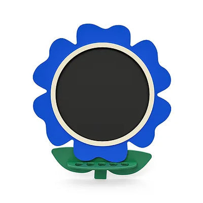 Blue flower-shaped chalkboard with green leaf base and round writing surface for creative play and drawing
