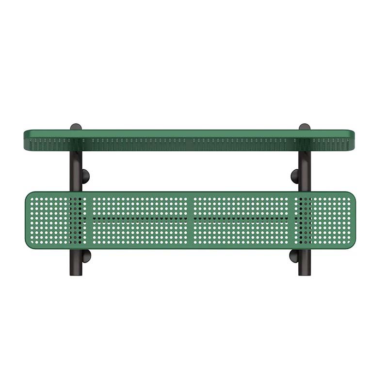Overhead view of green metal park bench with backrest, black powder-coated frame, and perforated seat design