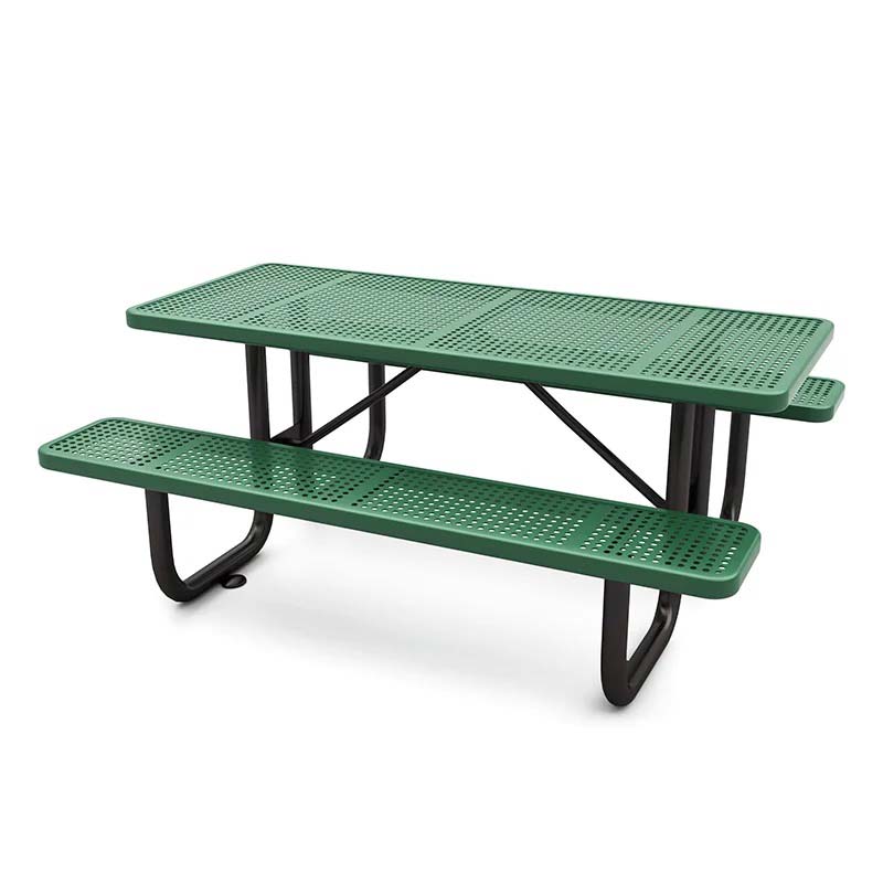 6′ Heavy-duty Rectangular Picnic Table with vibrant green perforated thermoplastic surface and black powder-coated frame and benches