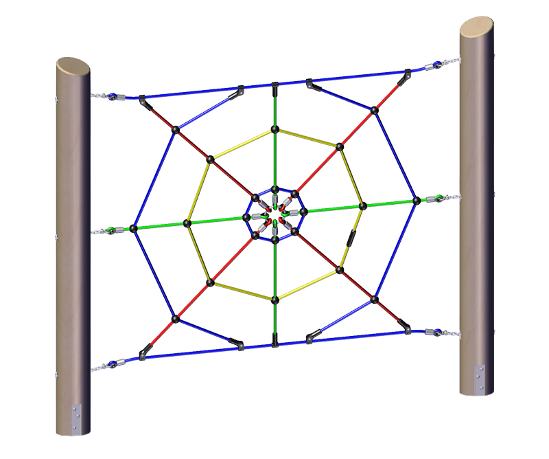 Overhead view of Vario Spider Web steel climbing net with colorful ropes and two wooden posts, outdoor playground equipment