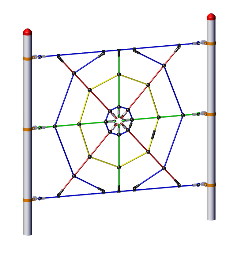 Vertical outdoor climbing net with multicolored ropes and steel posts, designed for playground physical activity and play development.