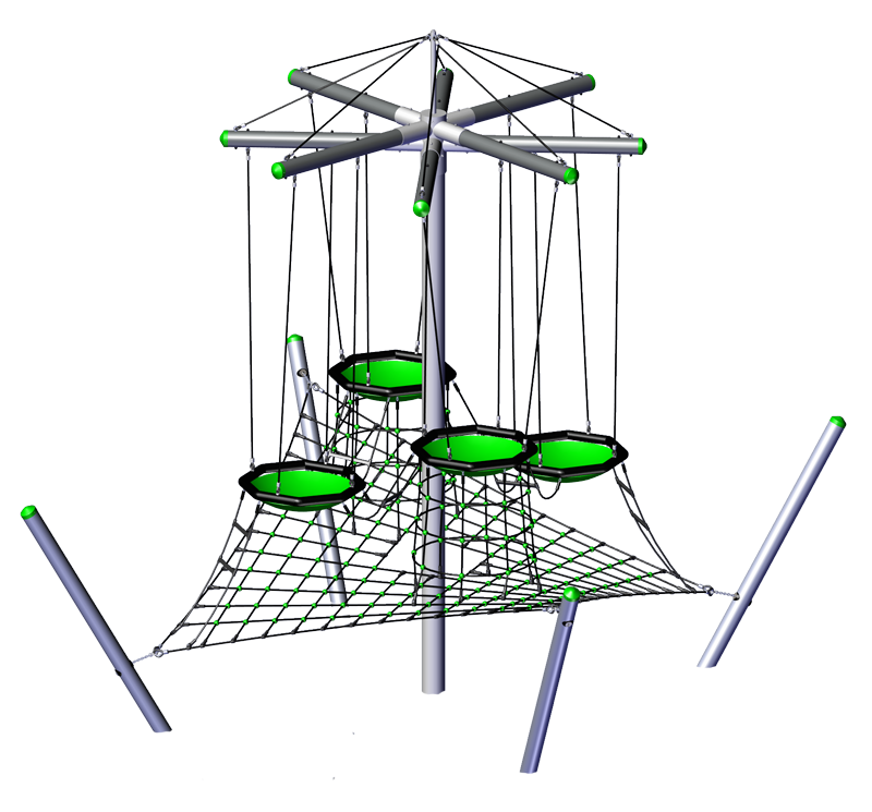 Laola Climbing Structure with four suspended green Bird's Nests, cargo net platform, climbing ropes, and ladders for dynamic play