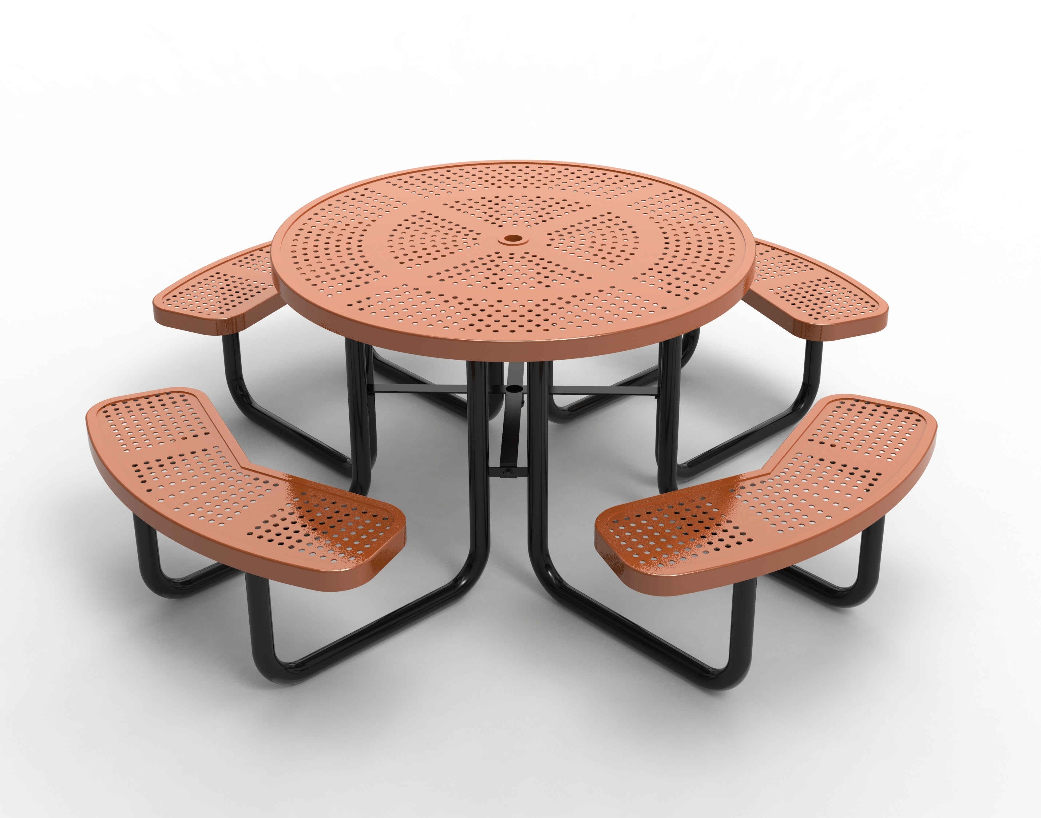 Round brown perforated steel picnic table with four curved benches and central umbrella hole, angled view