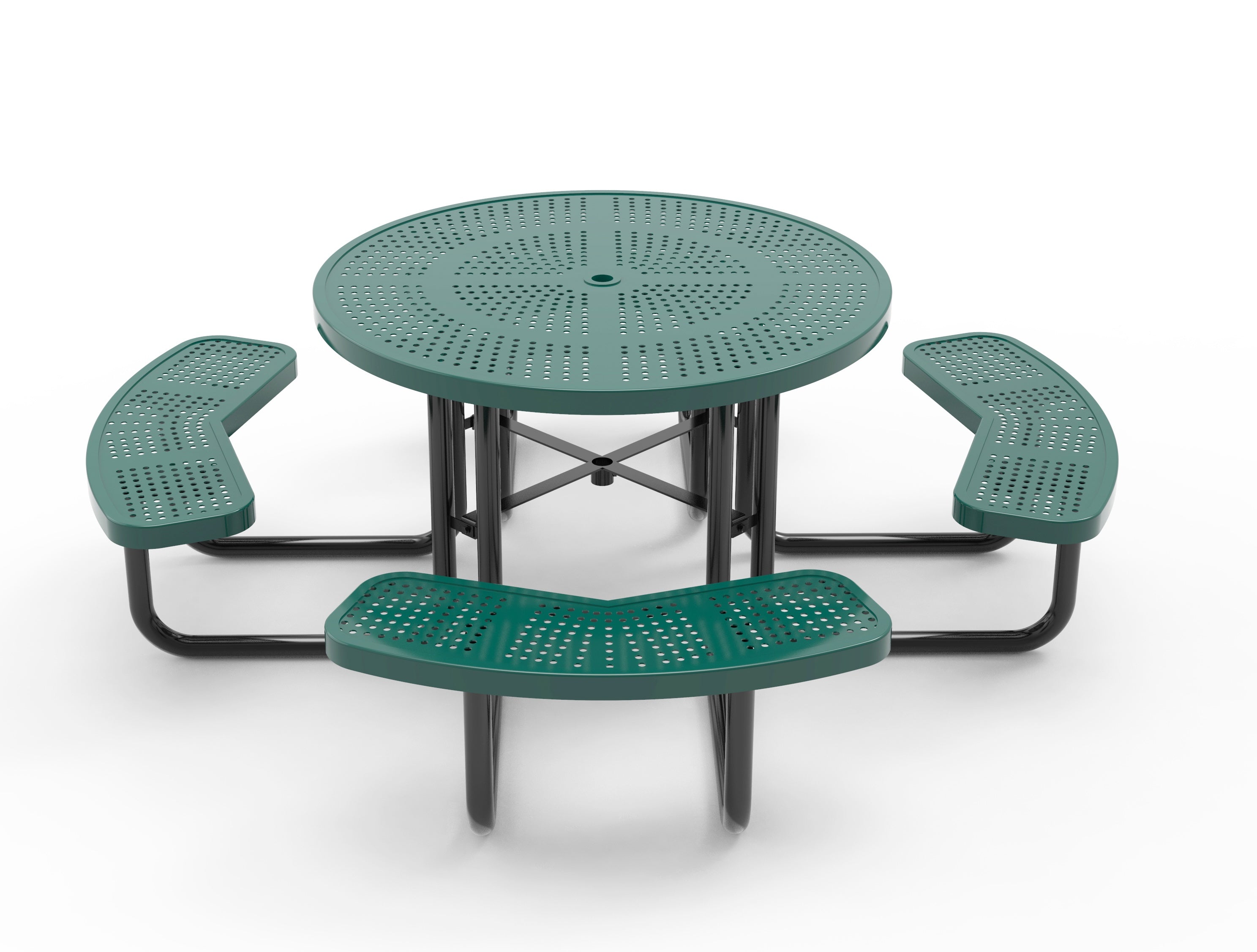 Green perforated steel round picnic table with curved benches and central umbrella hole, angled front view