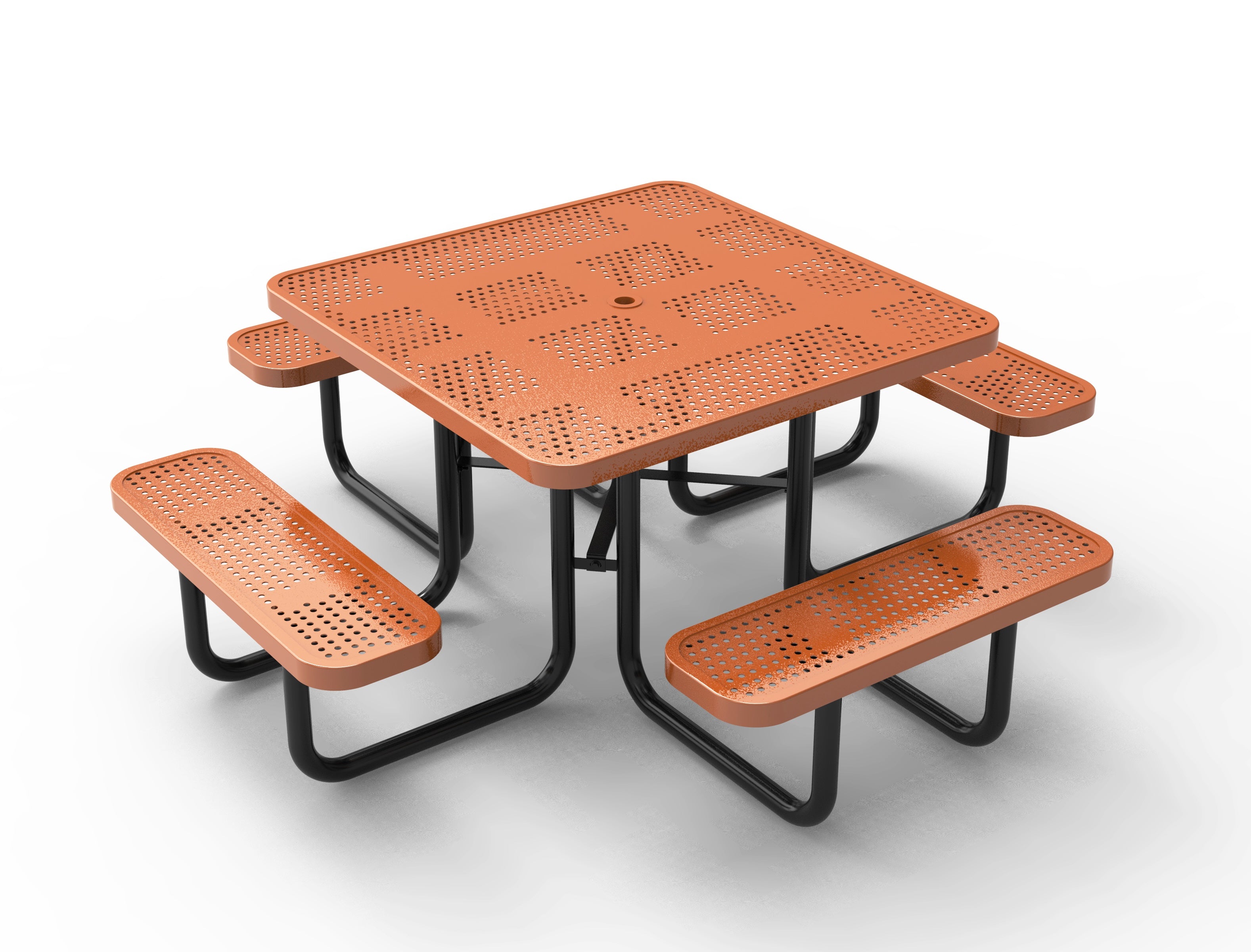 Brown perforated steel square picnic table with four attached benches and central umbrella hole, angled view