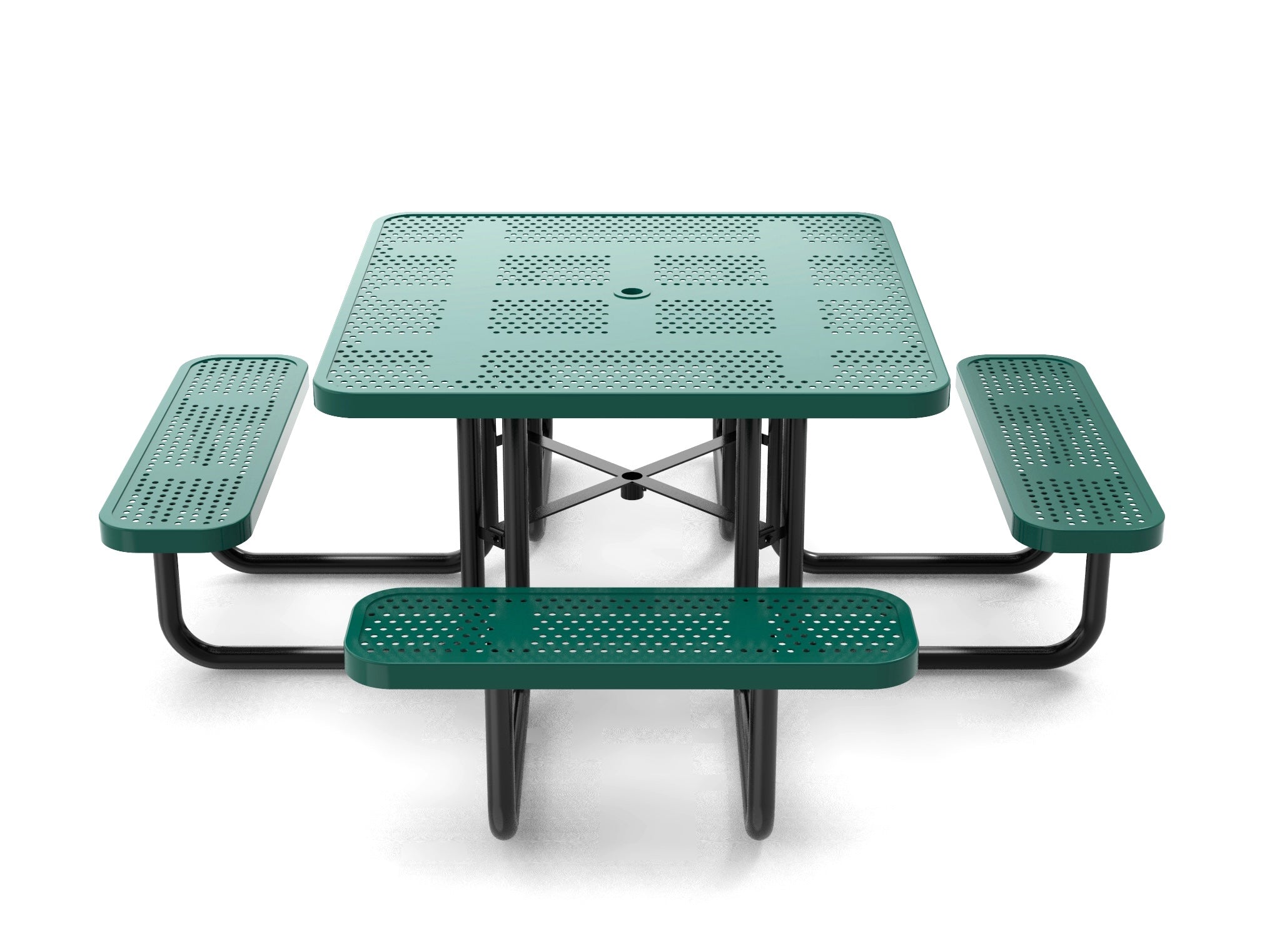 Green perforated steel square picnic table with four attached benches and central umbrella hole for outdoor use