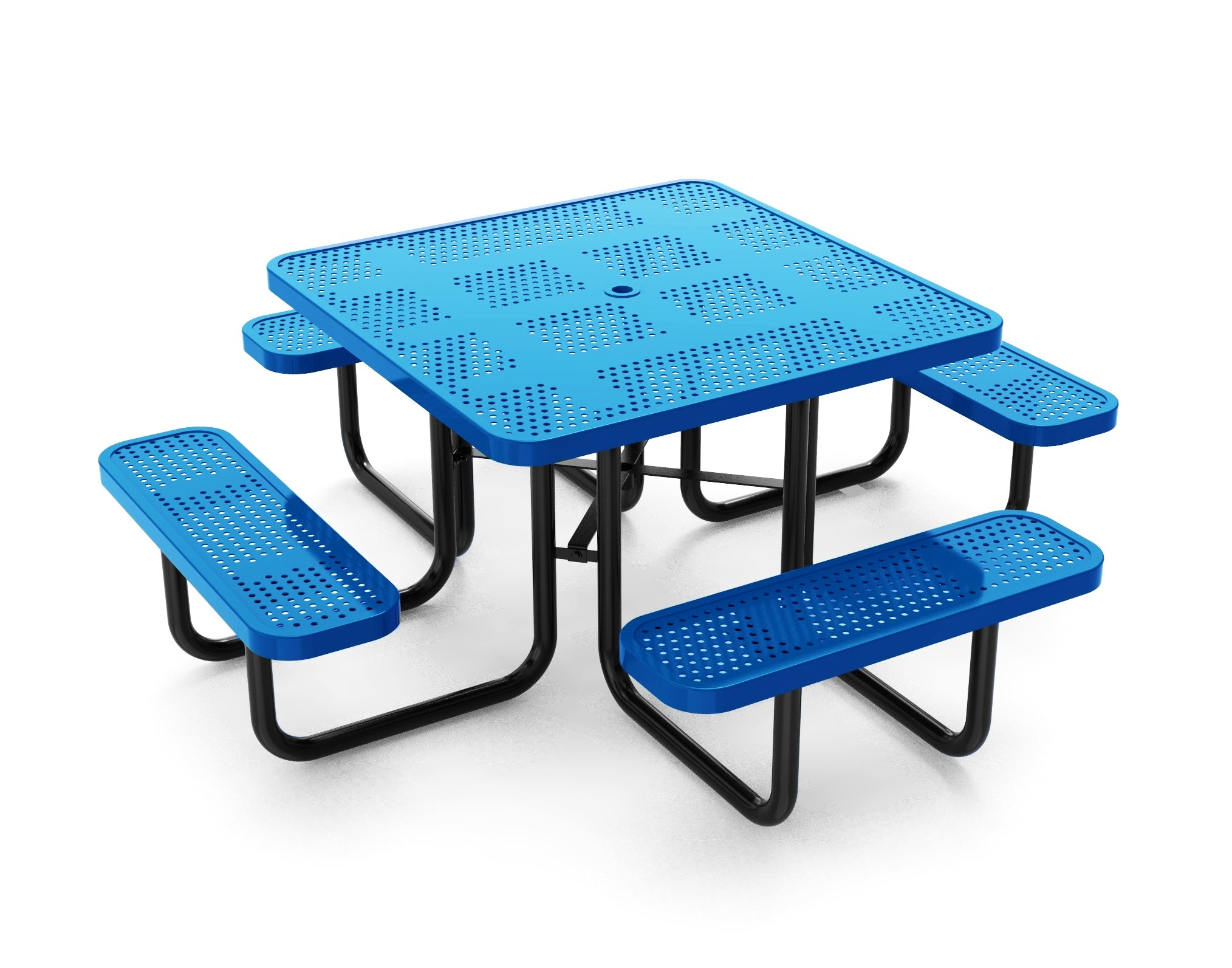 Perforated Steel 46" Square Picnic Table in blue with four attached benches, umbrella hole, and sturdy black frame