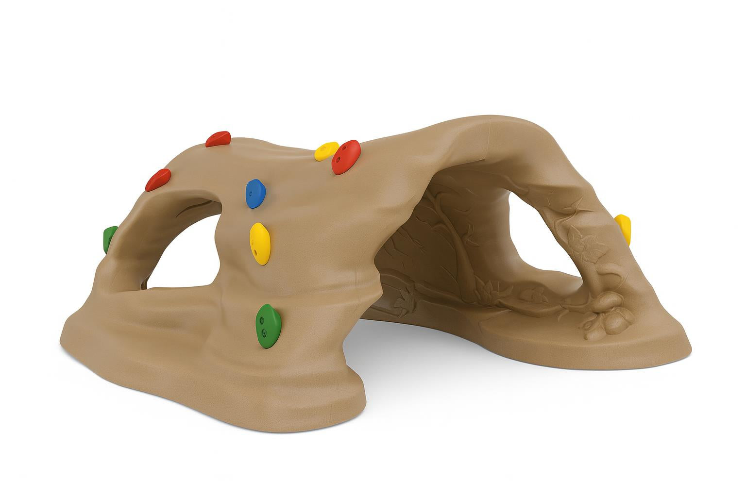 Climb and Discover Cave tan nature-themed play structure with colorful climbing grips and large openings for children’s outdoor adventure and exploration