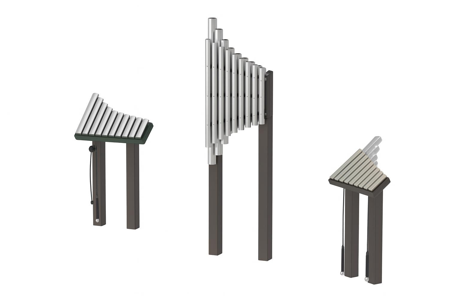 Weenotes Collection Outdoor Musical Park Instrument trio with metal bars on brown poles near river and autumn trees