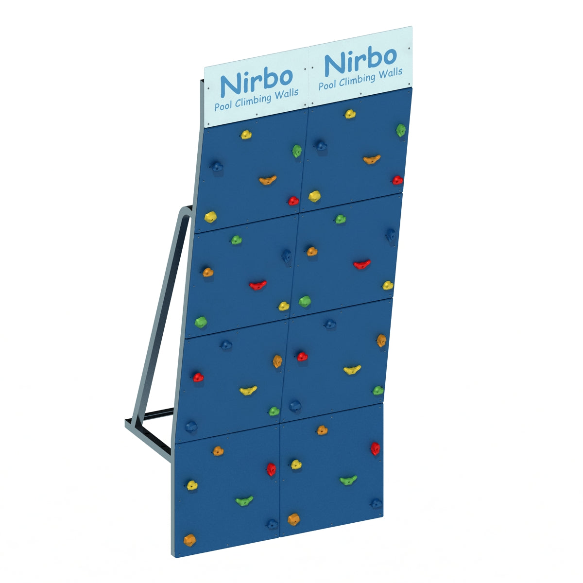 Blue double straight pool climbing wall with colorful handholds and sturdy metal frame for indoor or outdoor use
